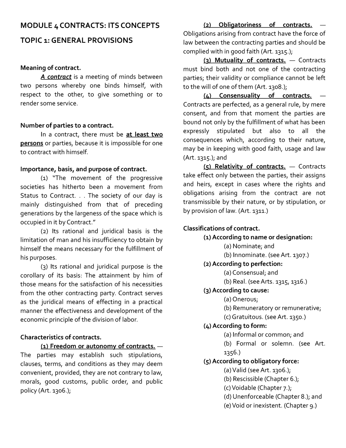 Oblicon Module 4 Topic 1 - MODULE 4 CONTRACTS: ITS CONCEPTS TOPIC 1 ...