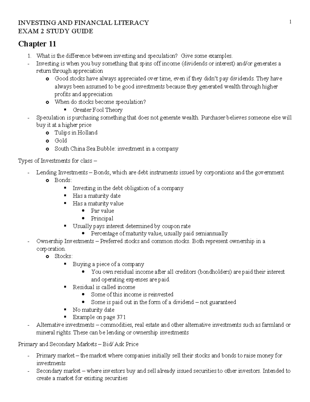 Exam Two for Investments and Financial Literacy INVESTING AND