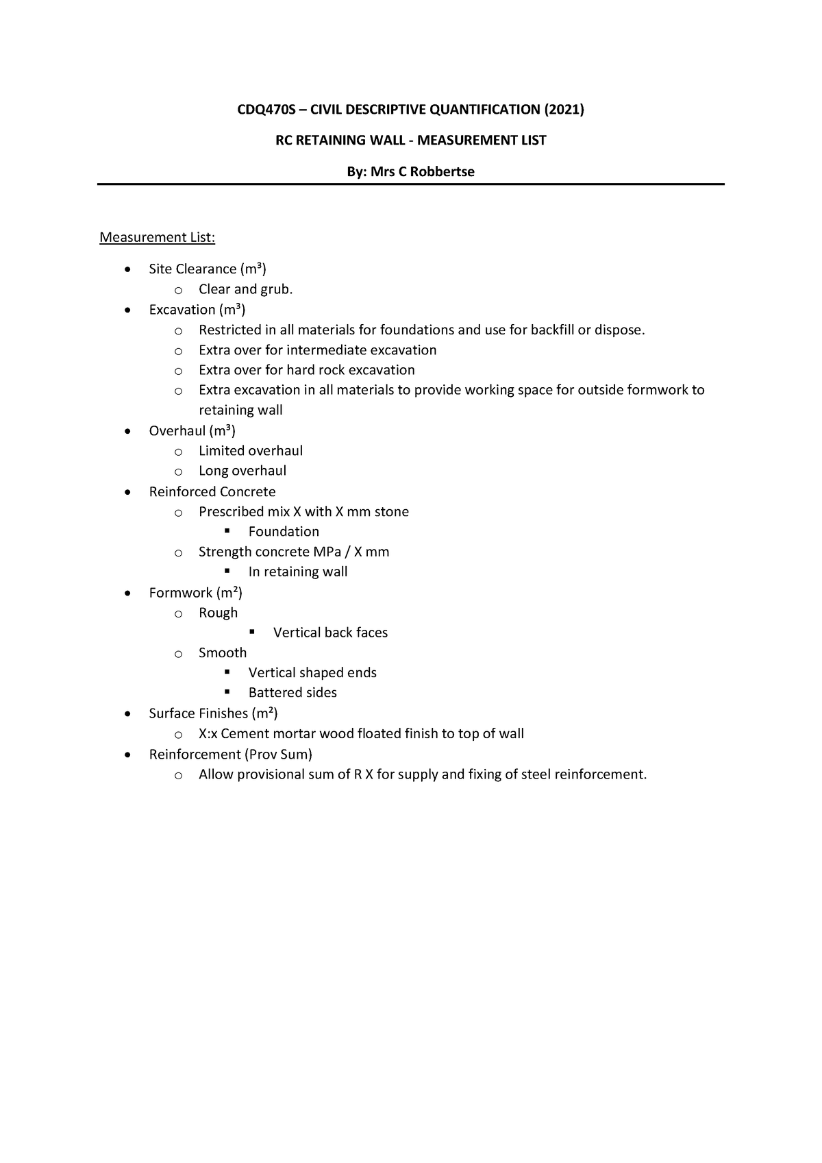 RC Retaining Wall Measurement List - CDQ470S – CIVIL DESCRIPTIVE ...