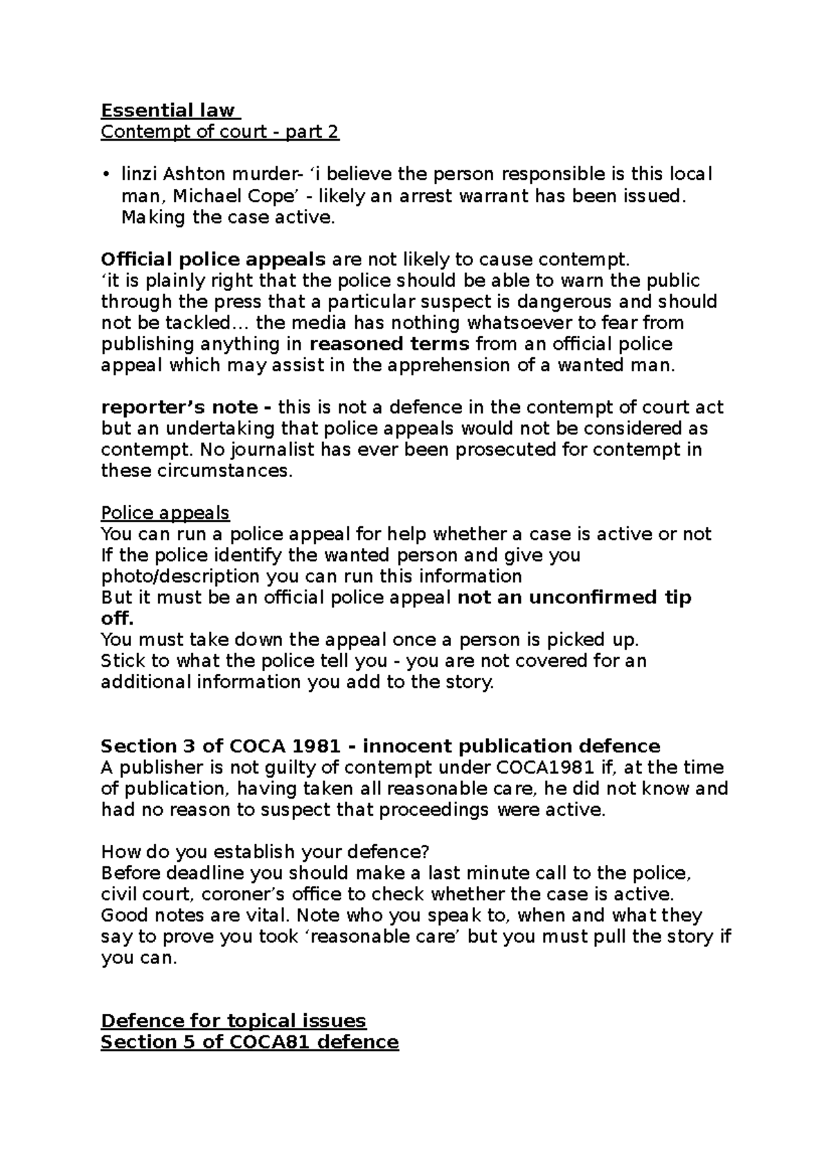 Contempt of court lecture 2 notes - Essential law Contempt of court ...