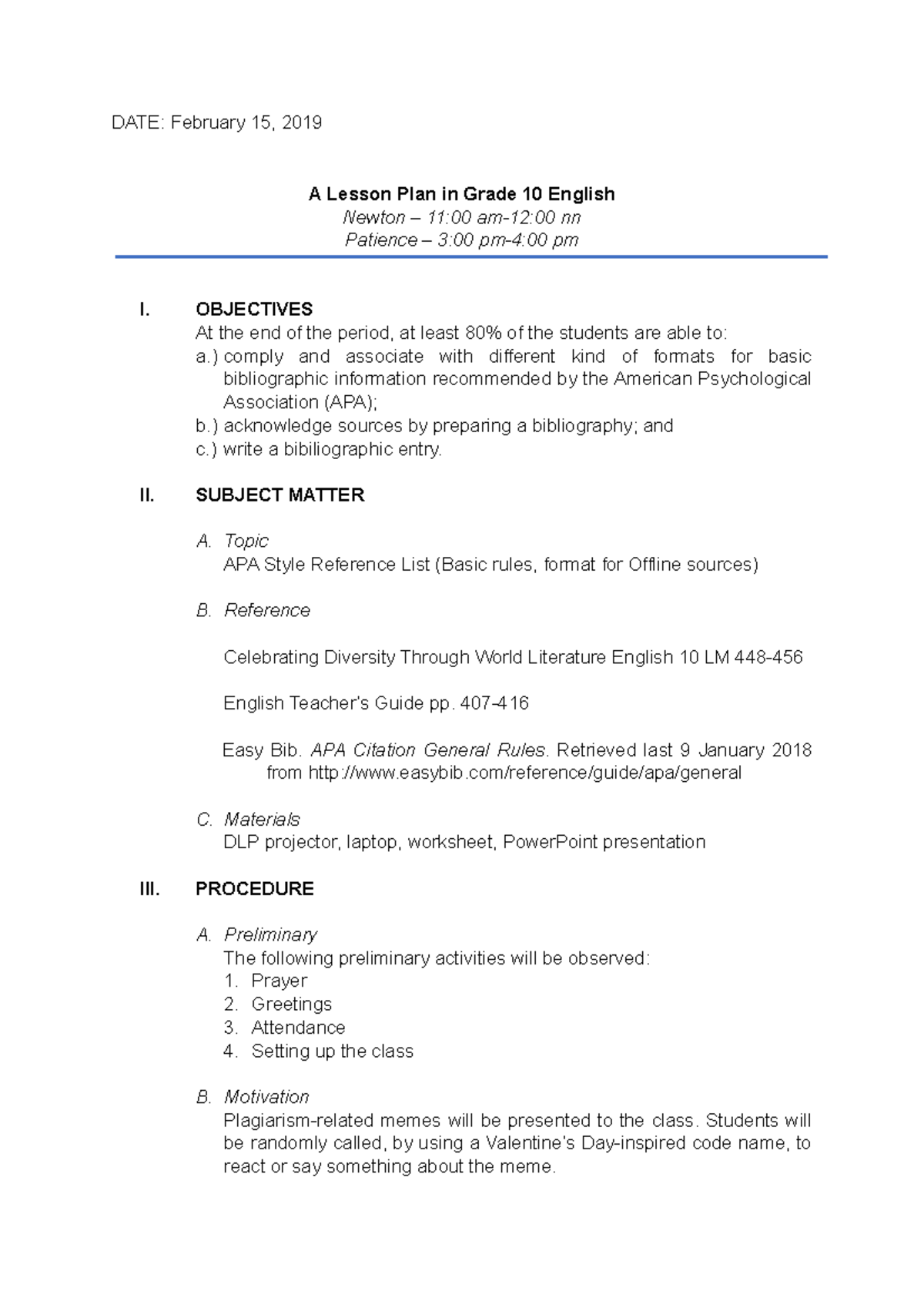 02-15-2019 APA Reference List - DATE: February 15, 2019 A Lesson Plan ...