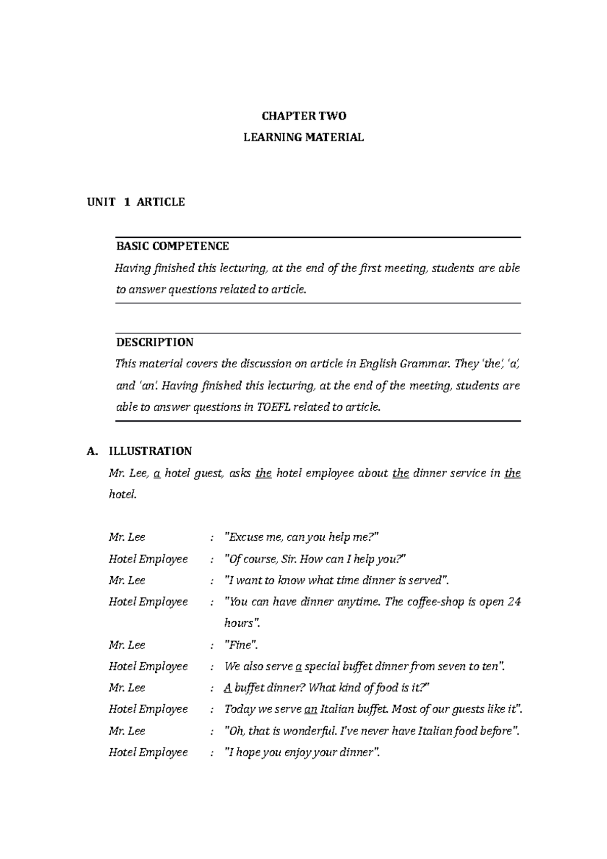 Grammar Unit Article - CHAPTER TWO LEARNING MATERIAL UNIT 1 ARTICLE ...