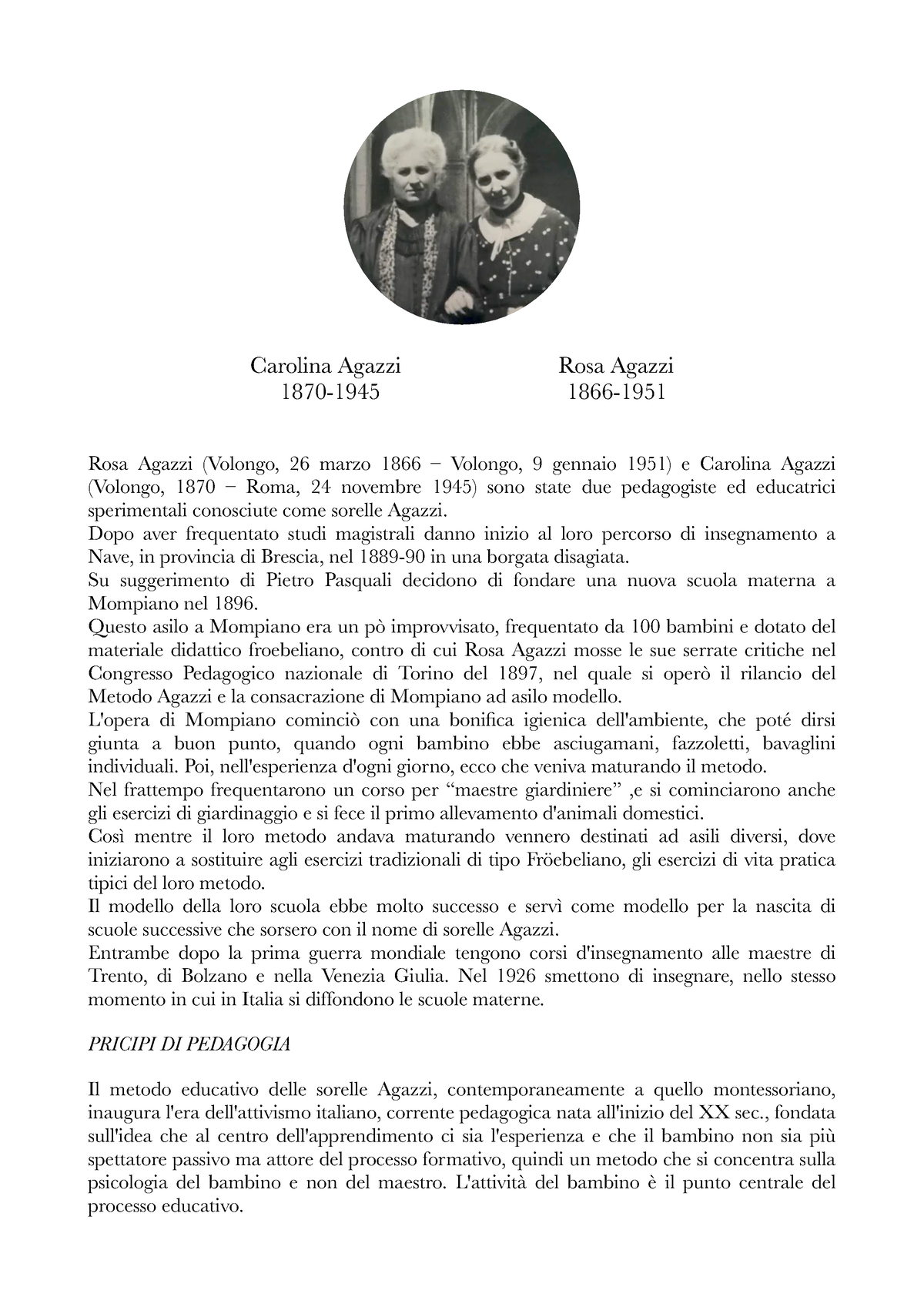 Le sorelle Agazzi pdf - Carolina Agazzi Rosa Agazzi 1870-1945 1866- Rosa  Agazzi (Volongo, 26 marzo - Studocu