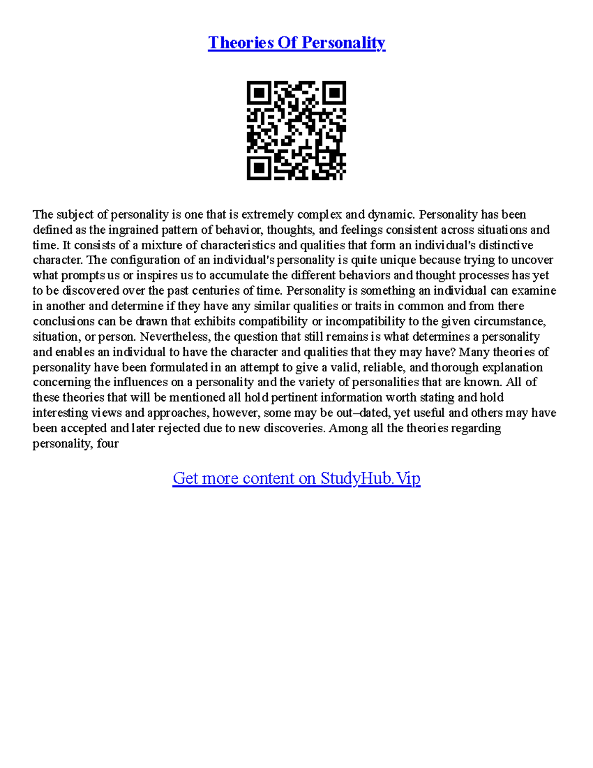 Personality Essays - Theories Of Personality The subject of personality ...