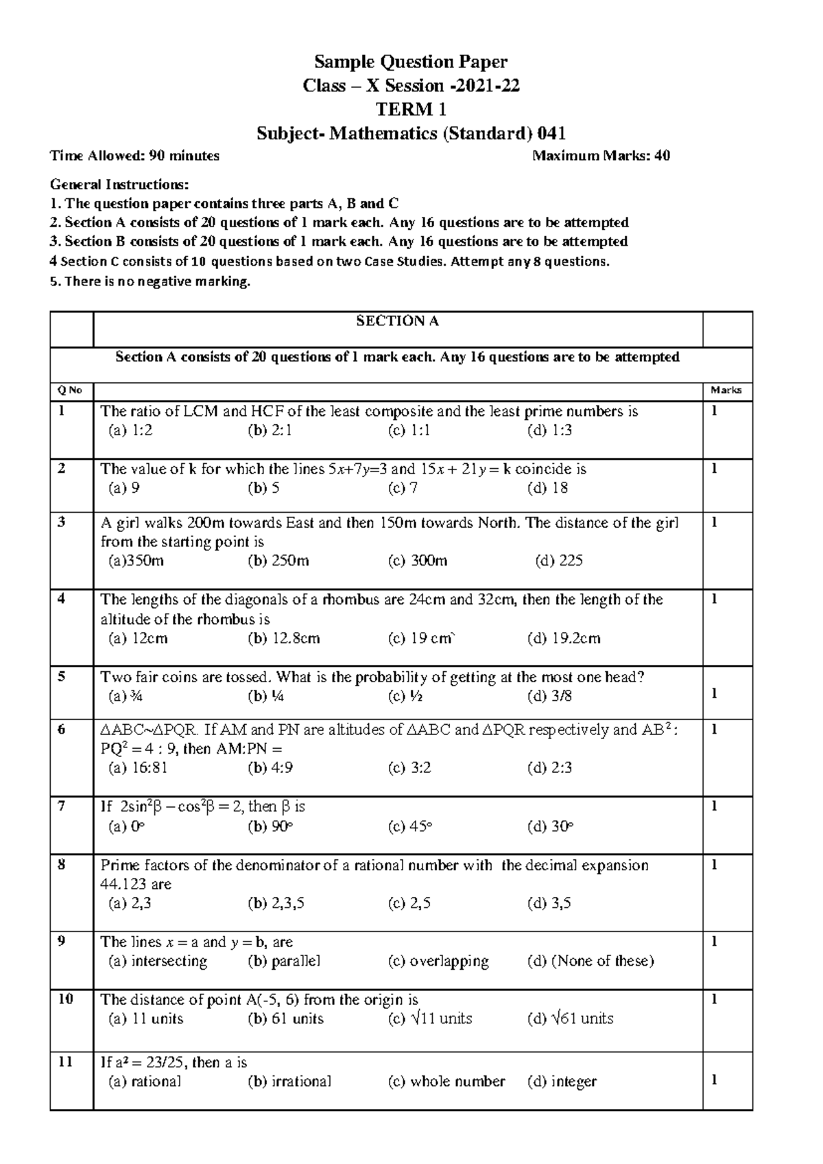 10 Maths Standard CBSE Sample Paper 2021 - Sample Question Paper Class ...