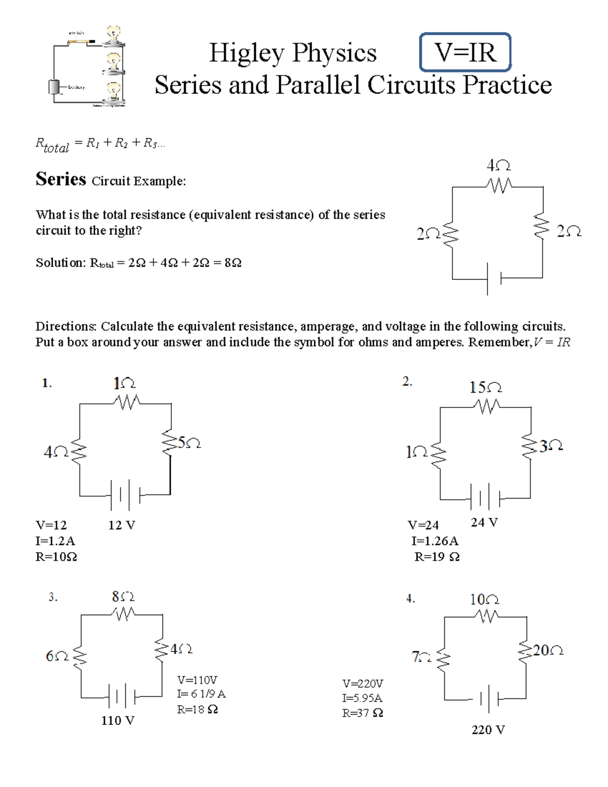Series and Parallel Circuits Problems with diagrams Higley Physics V