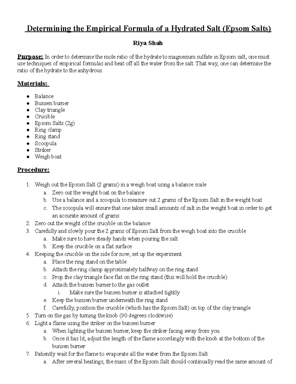 +MY+Hydrate+Stoich+Lab Determining the Empirical Formula of a