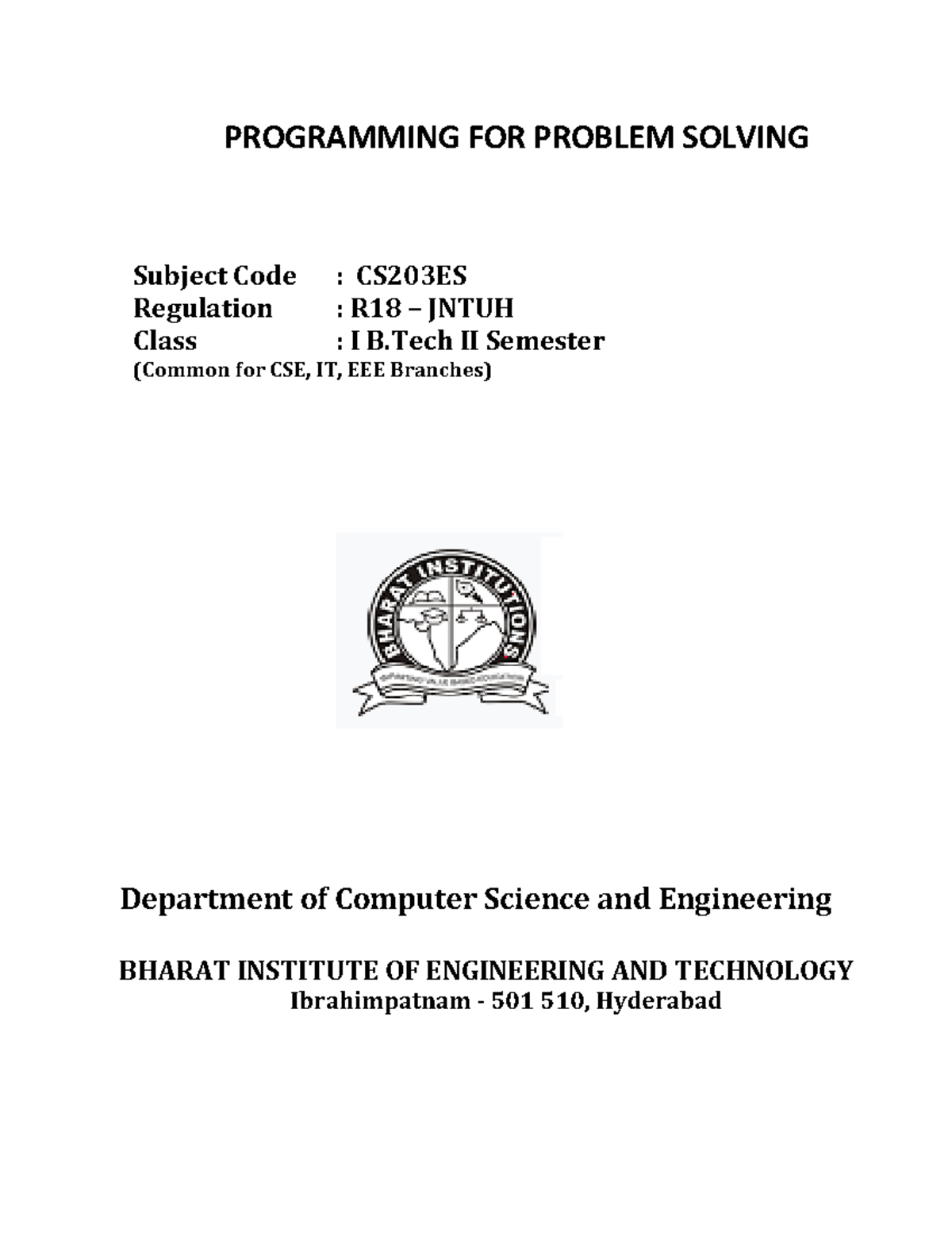 CSE IT EEE PPS - Pps - PROGRAMMING FOR PROBLEM SOLVING Subject Code ...