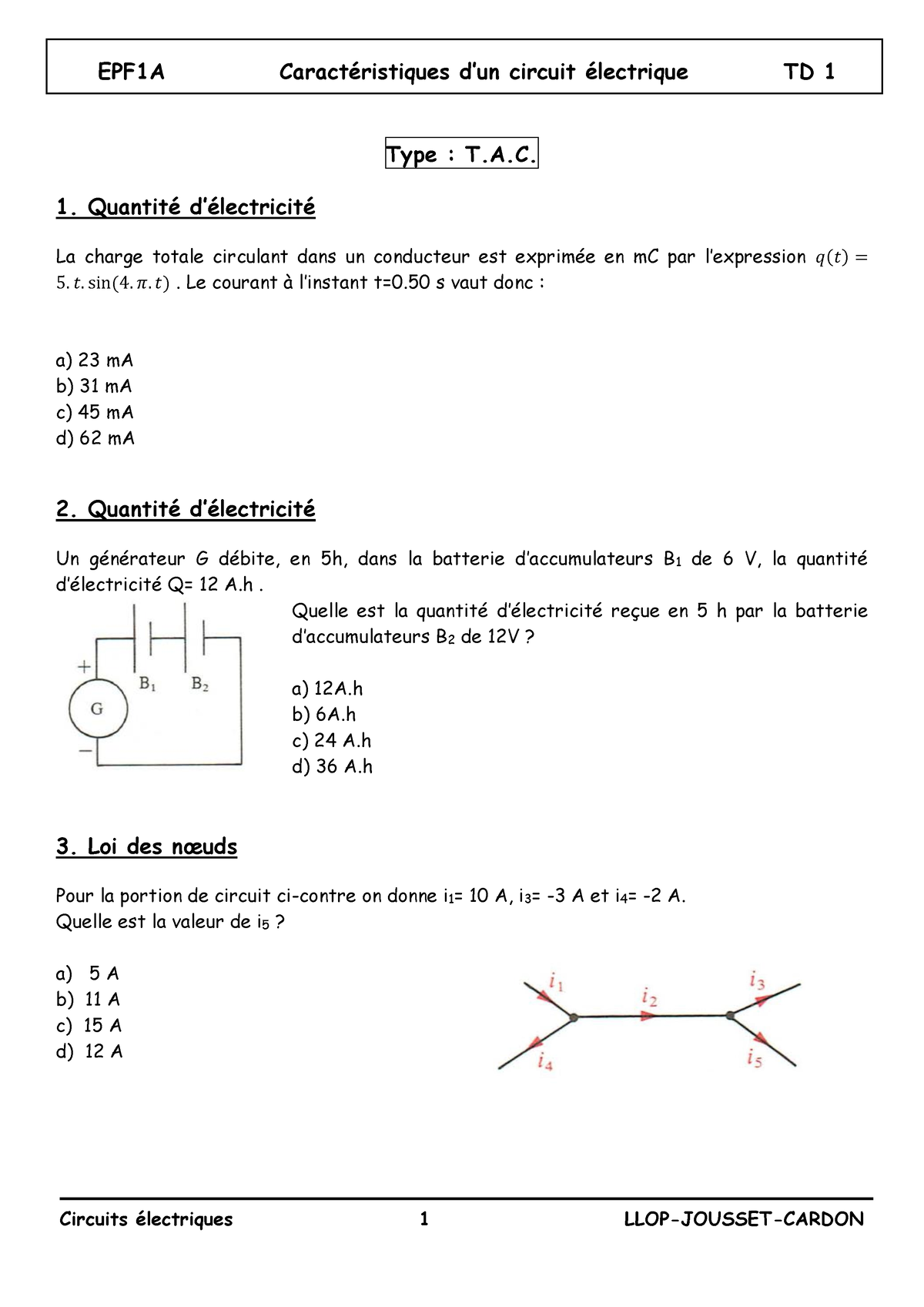 Td 1 Circuit électrique Type Ta 1 Quantité Délectricité La Charge Totale Circulant Dans 5193