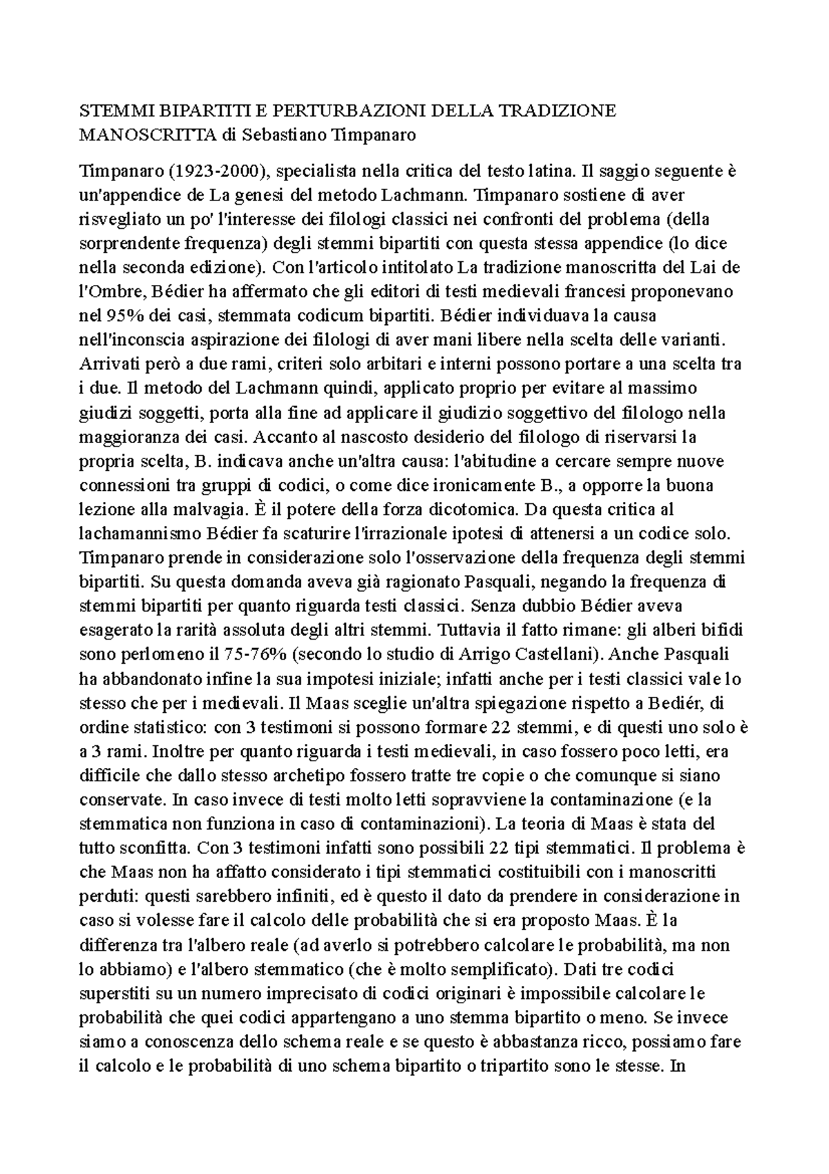 Testo timpanaro - STEMMI BIPARTITI E PERTURBAZIONI DELLA TRADIZIONE ...