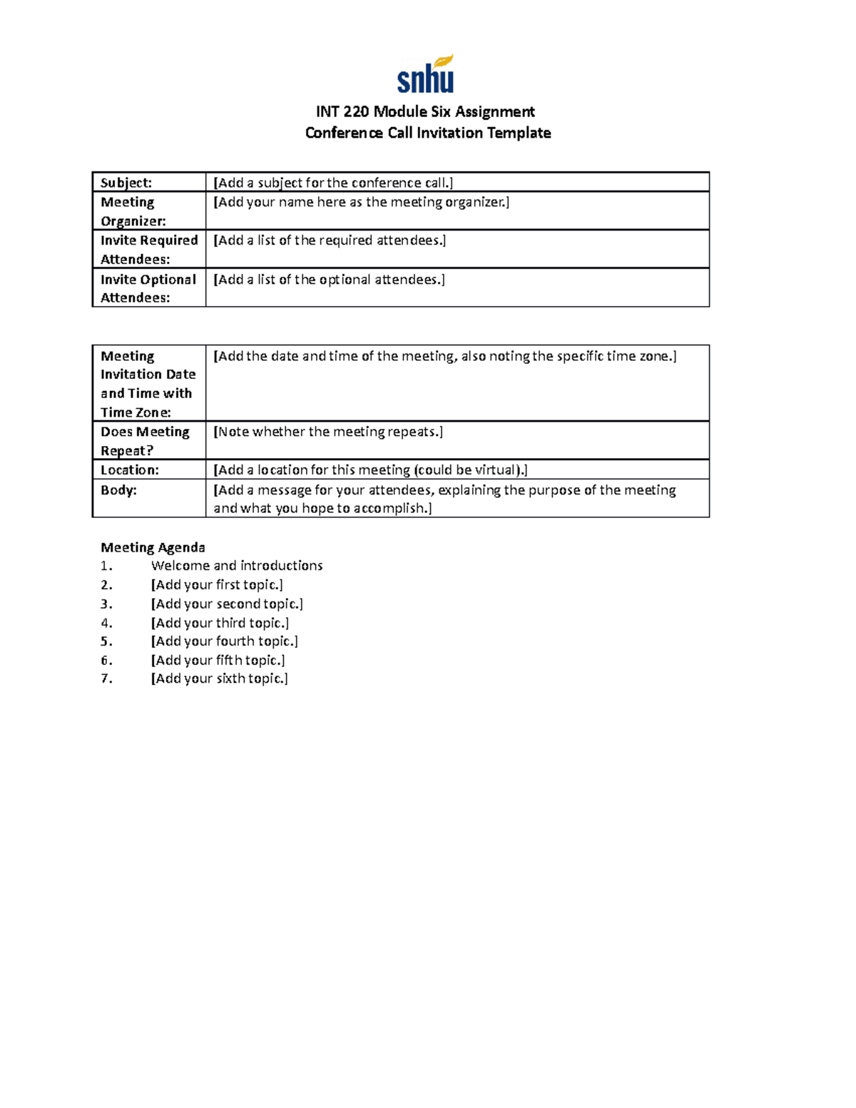 INT 220 Conference Call Invitation Template INT 220 Module Six