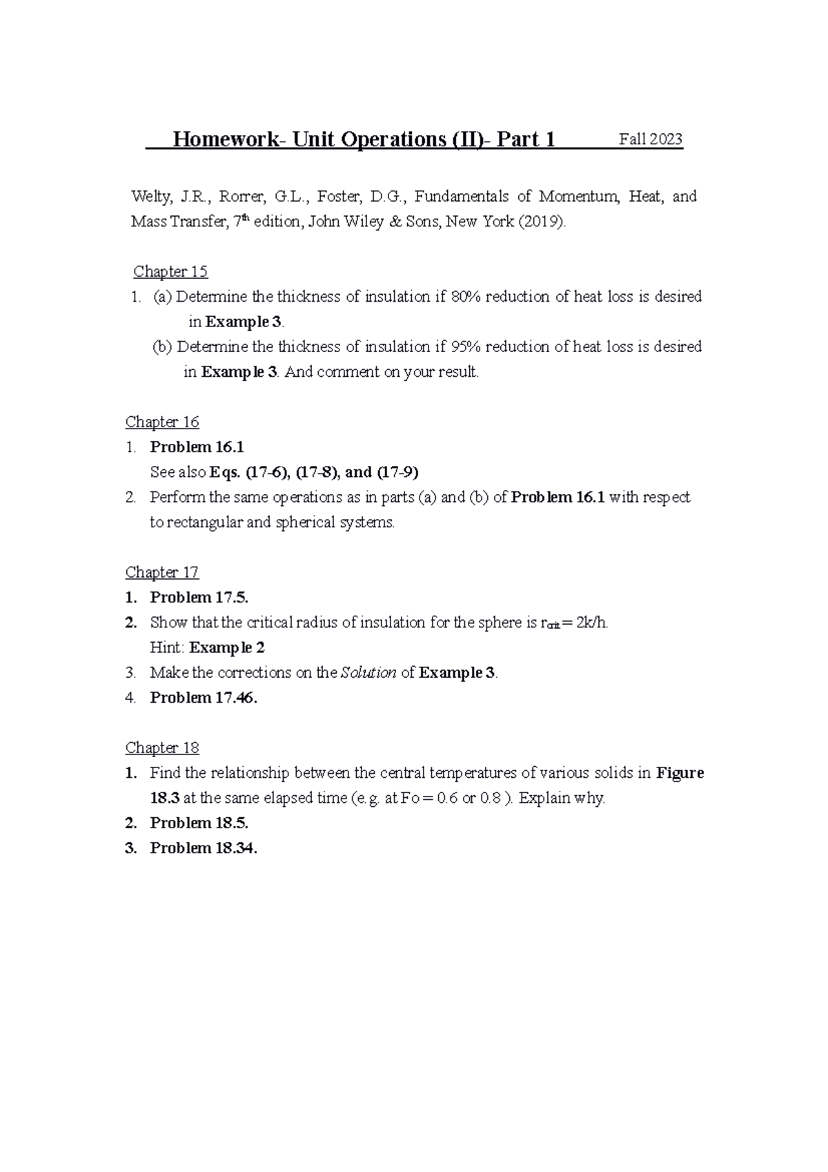 Homework-Unit Operations(II)- Part 1- Fall 2023 - , Rorrer, G., Foster ...