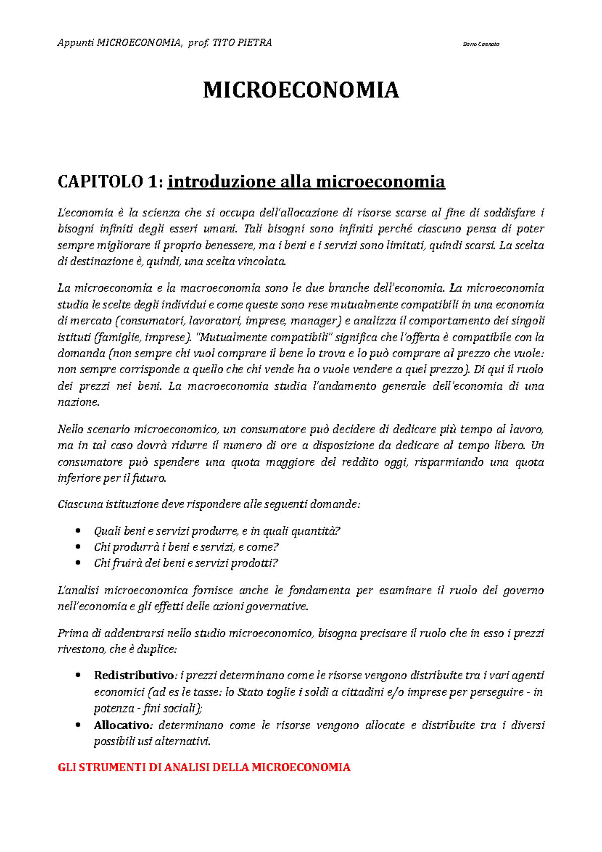 Microeconomia Intero Corso - MICROECONOMIA CAPITOLO 1: Introduzione ...