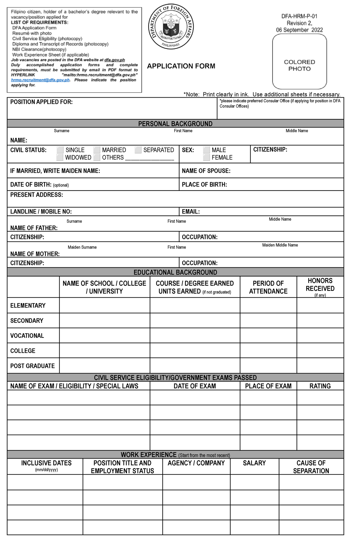 Dfa Application Form Revision 02 Application Form Note Print Clearly In Ink Use Additional 6973
