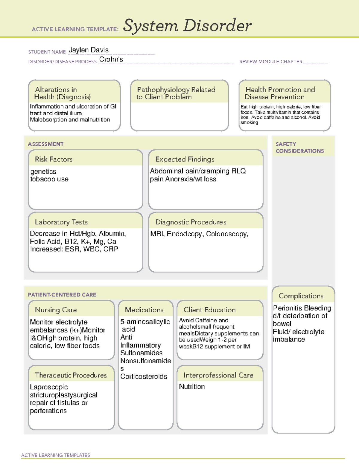 Crohns ati template - ACTIVE LEARNING TEMPLATES System Disorder STUDENT ...