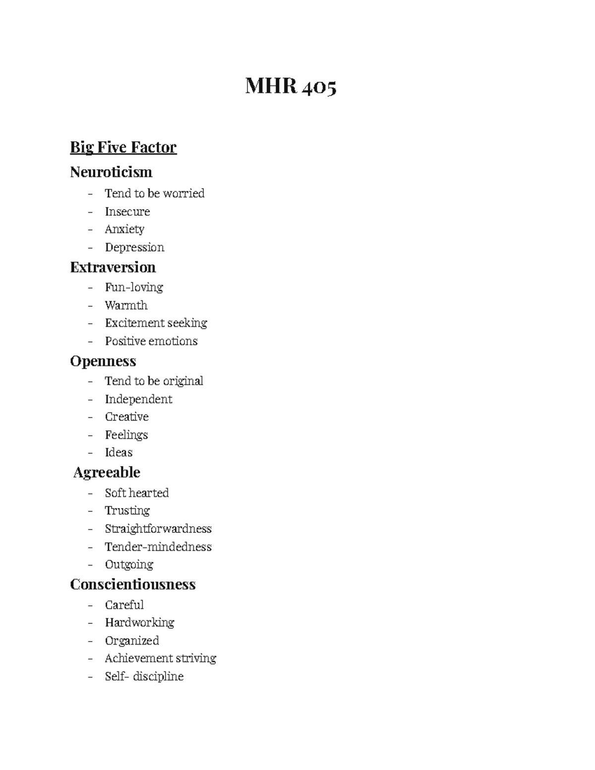 MHR 405 - MHR Midterm Notes - MHR 405 Big Five Factor Neuroticism Tend ...