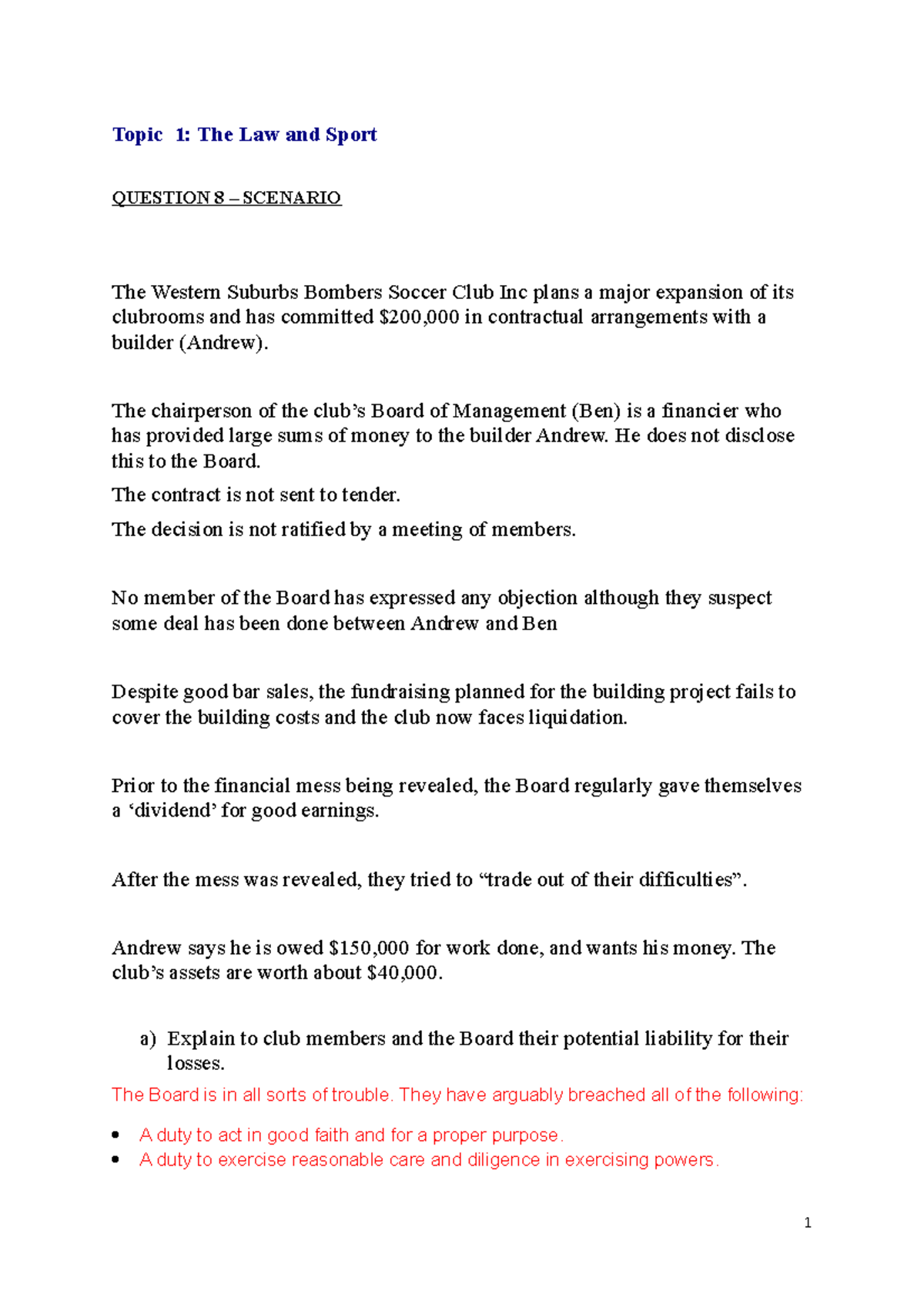 Sports Law Topic 01 - Thurs pm answers - Topic 1: The Law and Sport ...