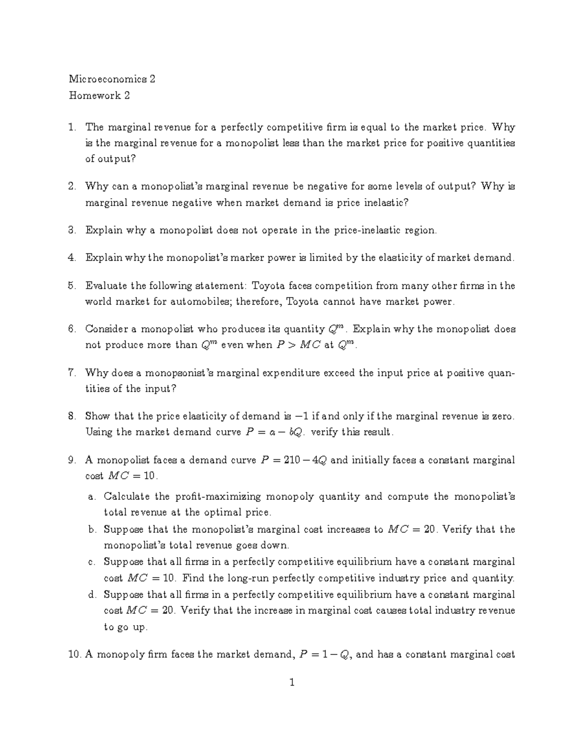 Microeconomics Homework 2 - Why Is The Marginal Revenue For A ...