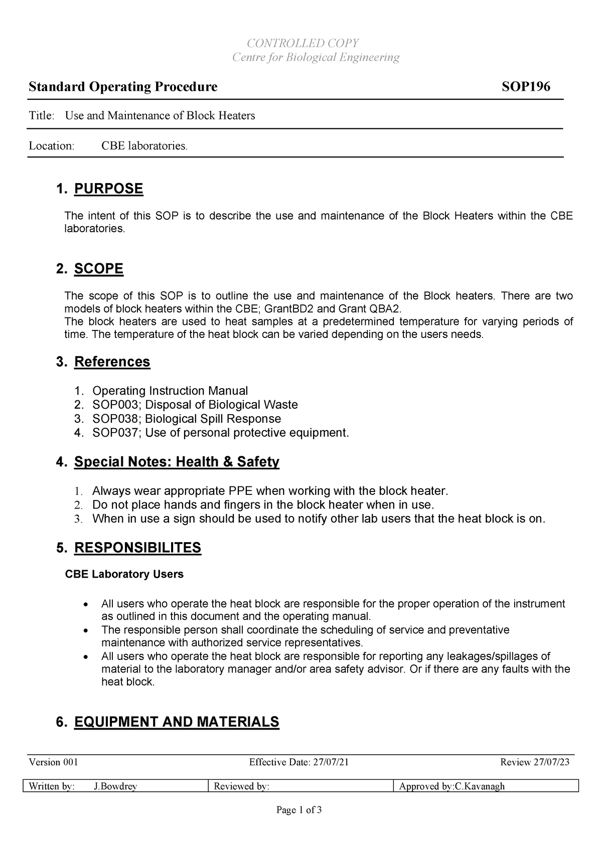 SOP196 Use and Maintenance of the Heat Block - CONTROLLED COPY Centre ...