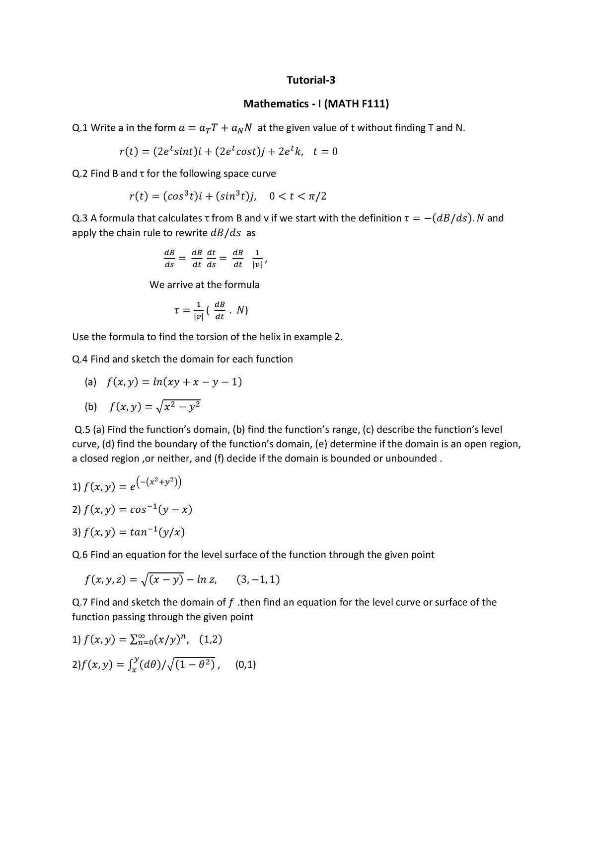 101163 Tutorial 3 - Tutorial- Mathematics - I (MATH F111) Q Write a in ...