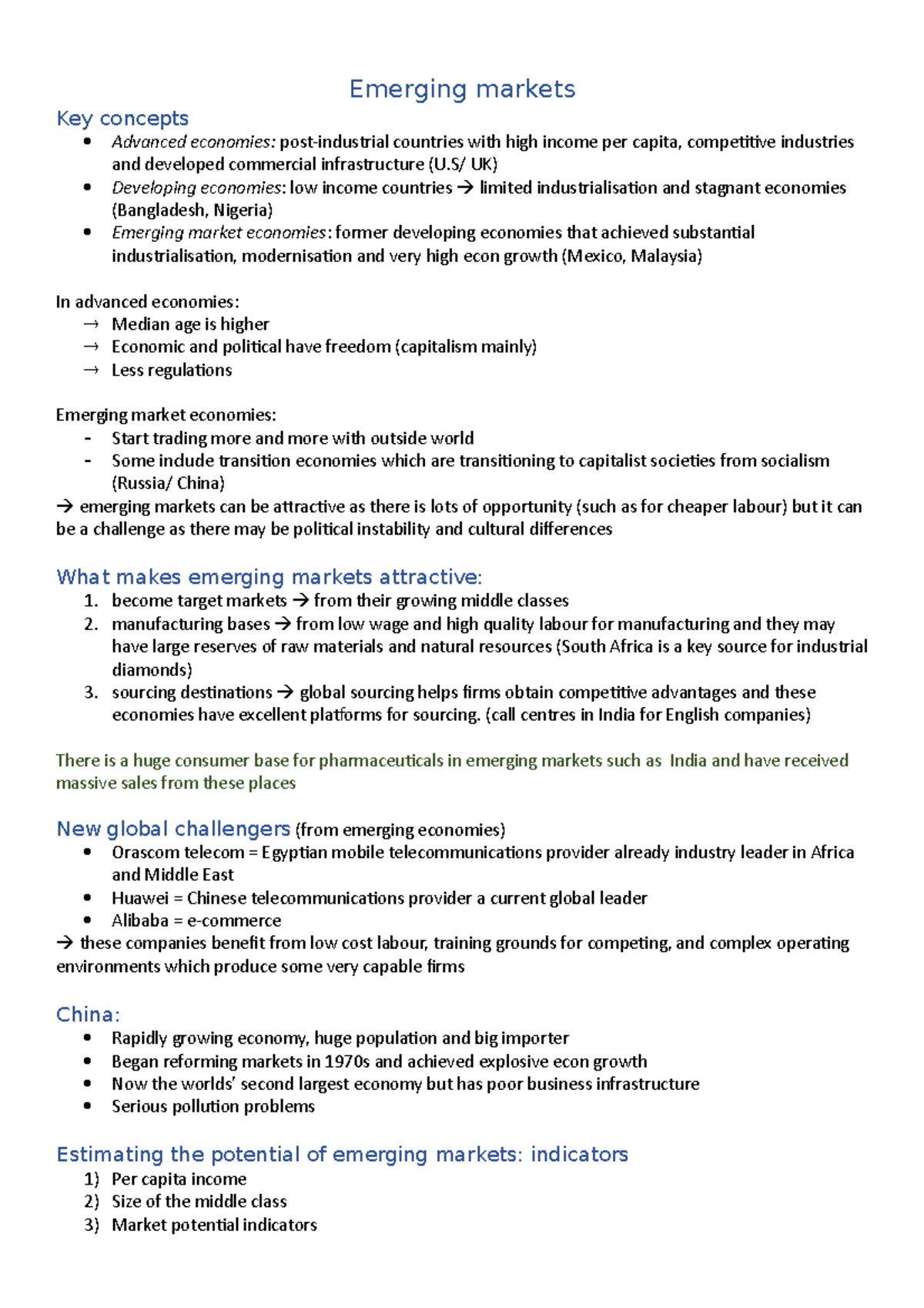 8- Emerging Markets - Condensed Notes - Emerging Markets Key Concepts ...