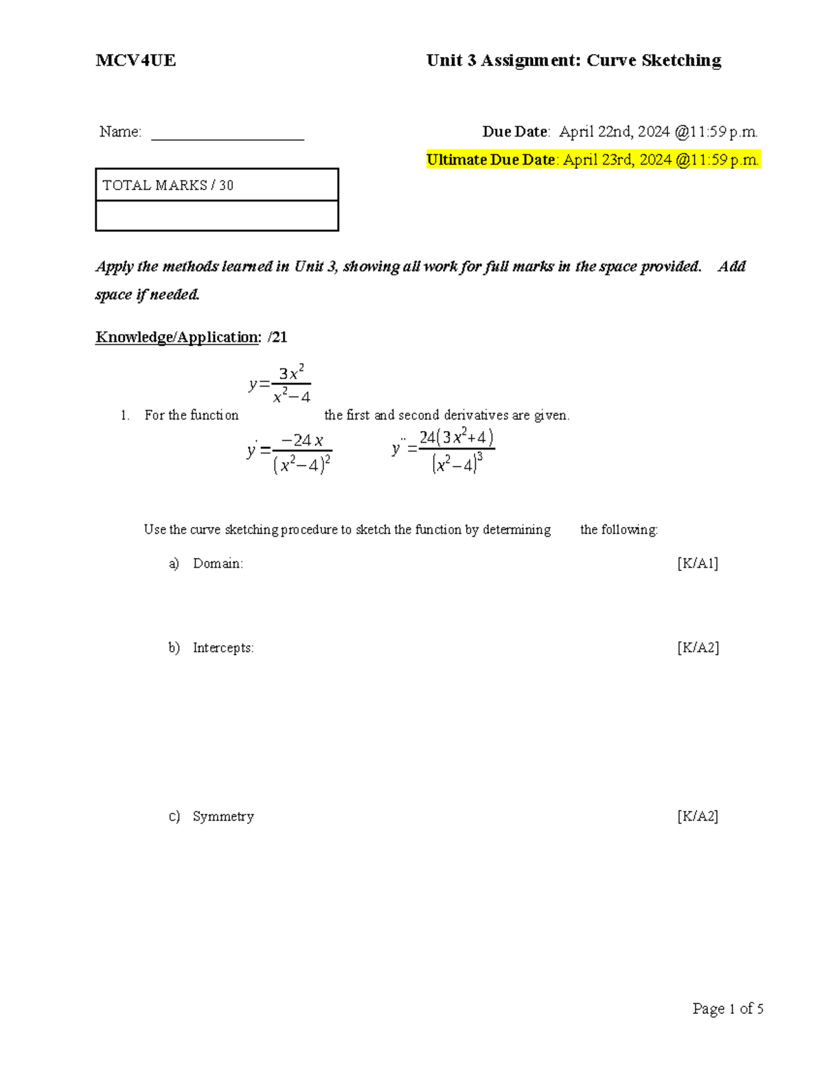 Copy Of S2 Mcv4u Unit 3 Assignment Curve Sketching Name Copy Of S2 Mcv4u Unit 3 Assignment Curve Sketching Name
