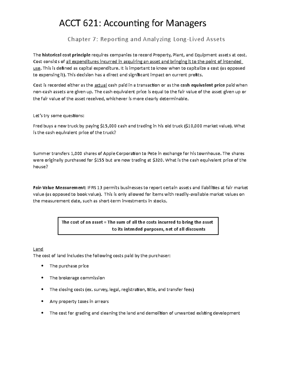 Ch 7 notes - ACCT 621: Accounting for Managers Chapter 7: Reporting and ...