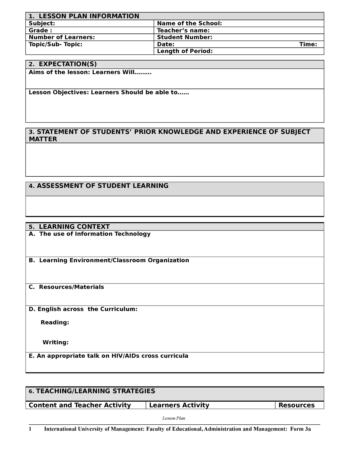 Lesson Plan Template For IUM Senior Primary And Secondaru Level 1 