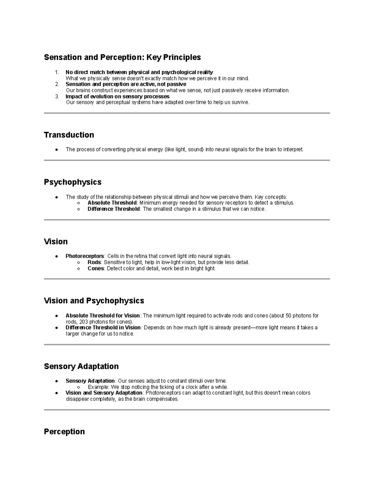 Sensation and Perception Key Principles - No direct match between ...