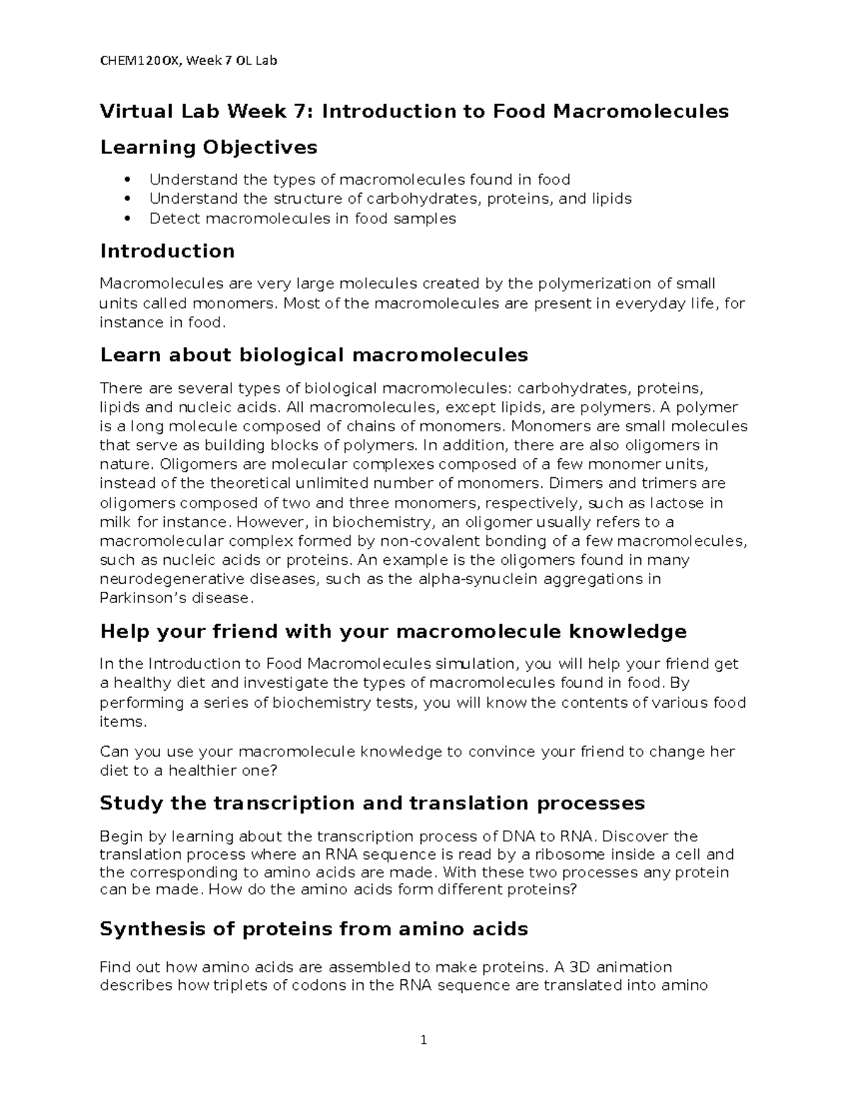 Week 7 Lab Report Virtual Lab Week 7 Introduction To Food Macromolecules Learning Objectives 