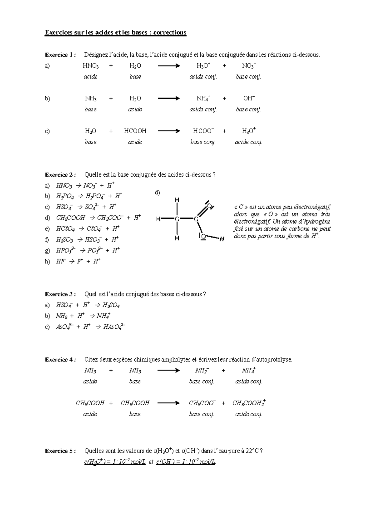 Reaction Acido Basique Exercices Corriges 02 Exercices Sur Les Acides Et Les Bases 6199