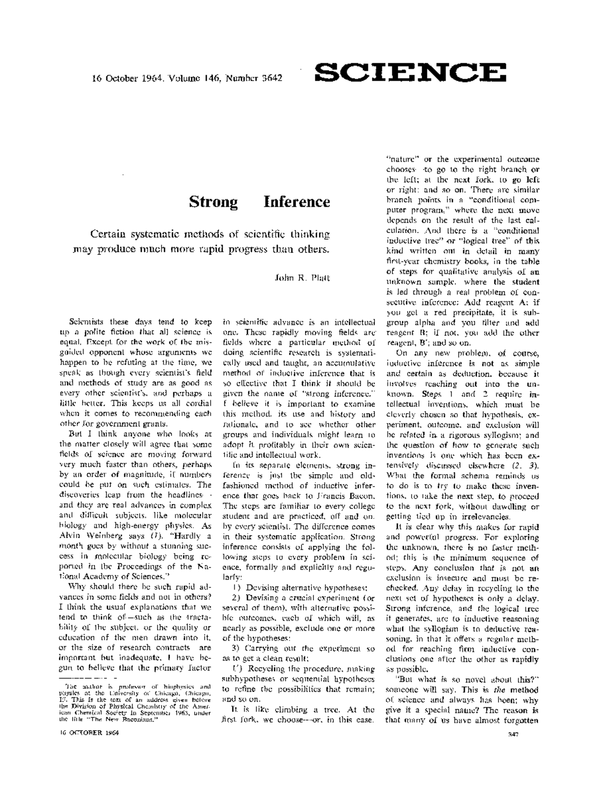 Platt Strong Inference 1964 - BIO 1107 - Studocu