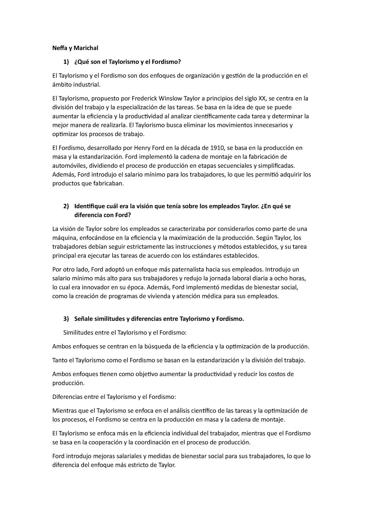 Parcial Ase Neffa Y Marichal Qu Son El Taylorismo Y El Fordismo El Taylorismo Y El