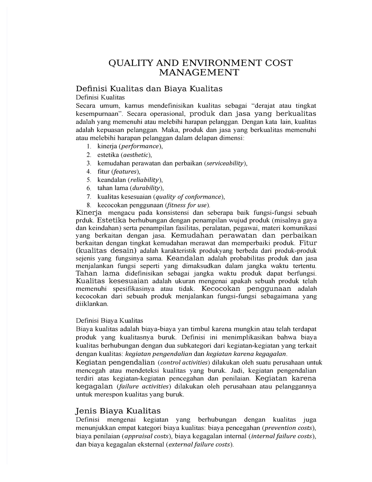 Pdf quality and environment cost management QUALITY AND ENVIRONMENT