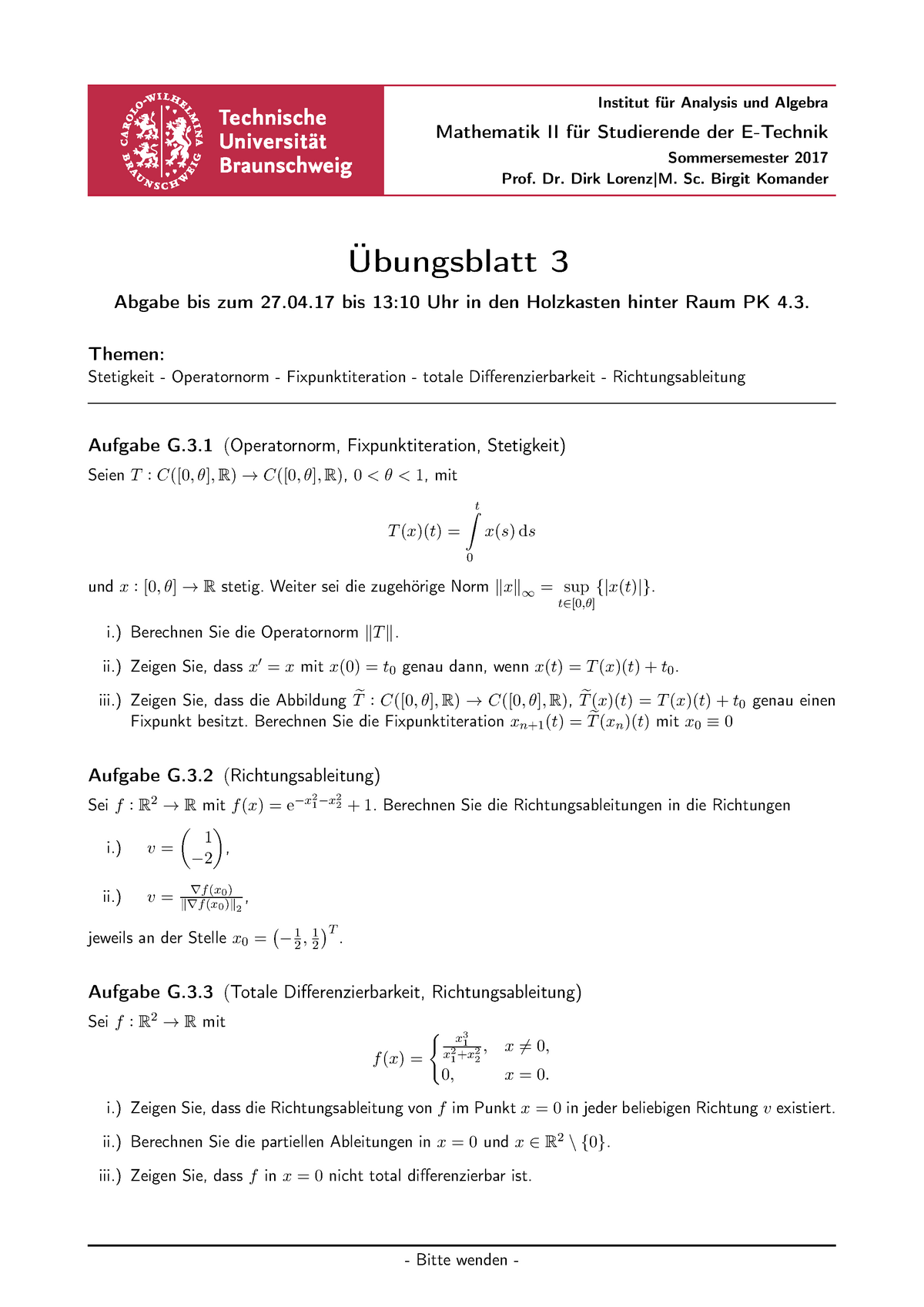 03 - Übungsblatt - Institut Für Analysis Und Algebra Mathematik II Für ...