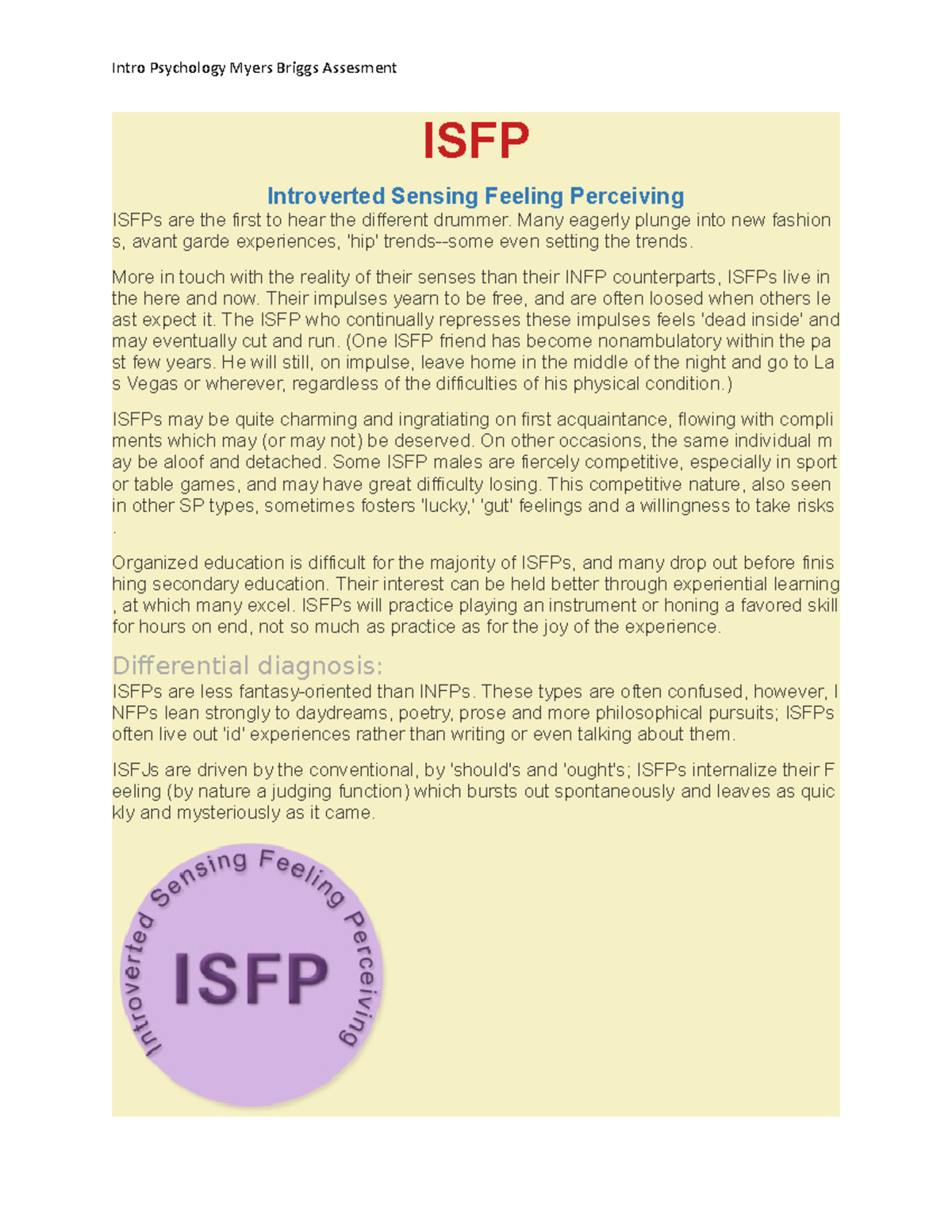 Ch 5 - ch 5 notes - Intro Psychology Myers Briggs Assesment ISFP ...