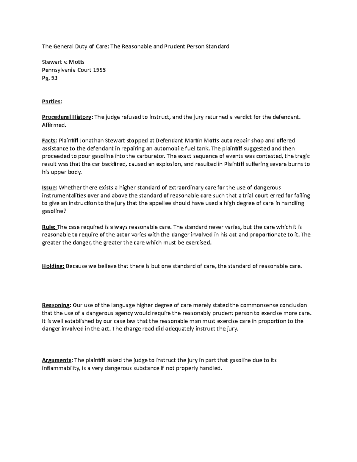 Stewart v. Motts Case Brief The General Duty of Care The Reasonable