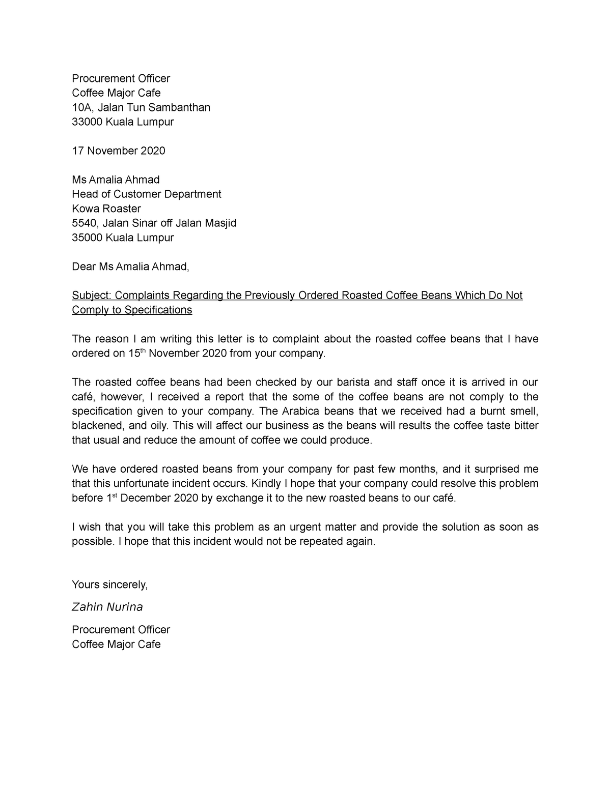 Complaint Letter - Procurement Officer Coffee Major Cafe 10A, Jalan Tun ...