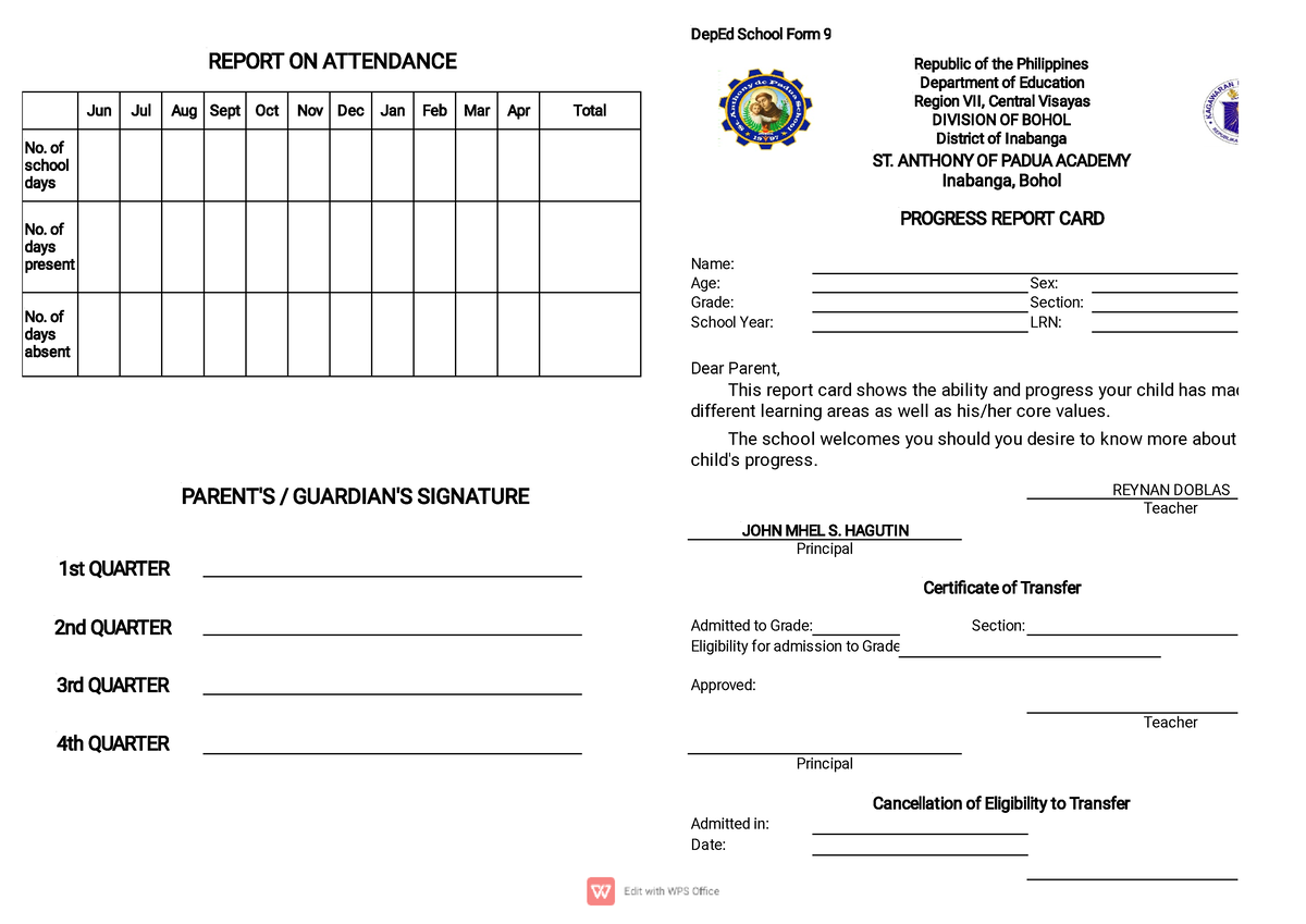 Junior-High-Card - For educational purposes - REPORT ON ATTENDANCE ...