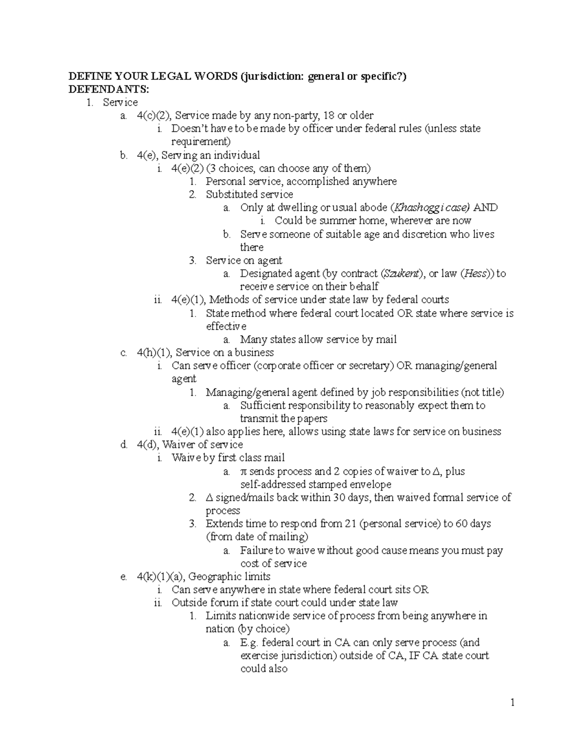 Civ Pro Checklist - DEFINE YOUR LEGAL WORDS (jurisdiction: general or ...