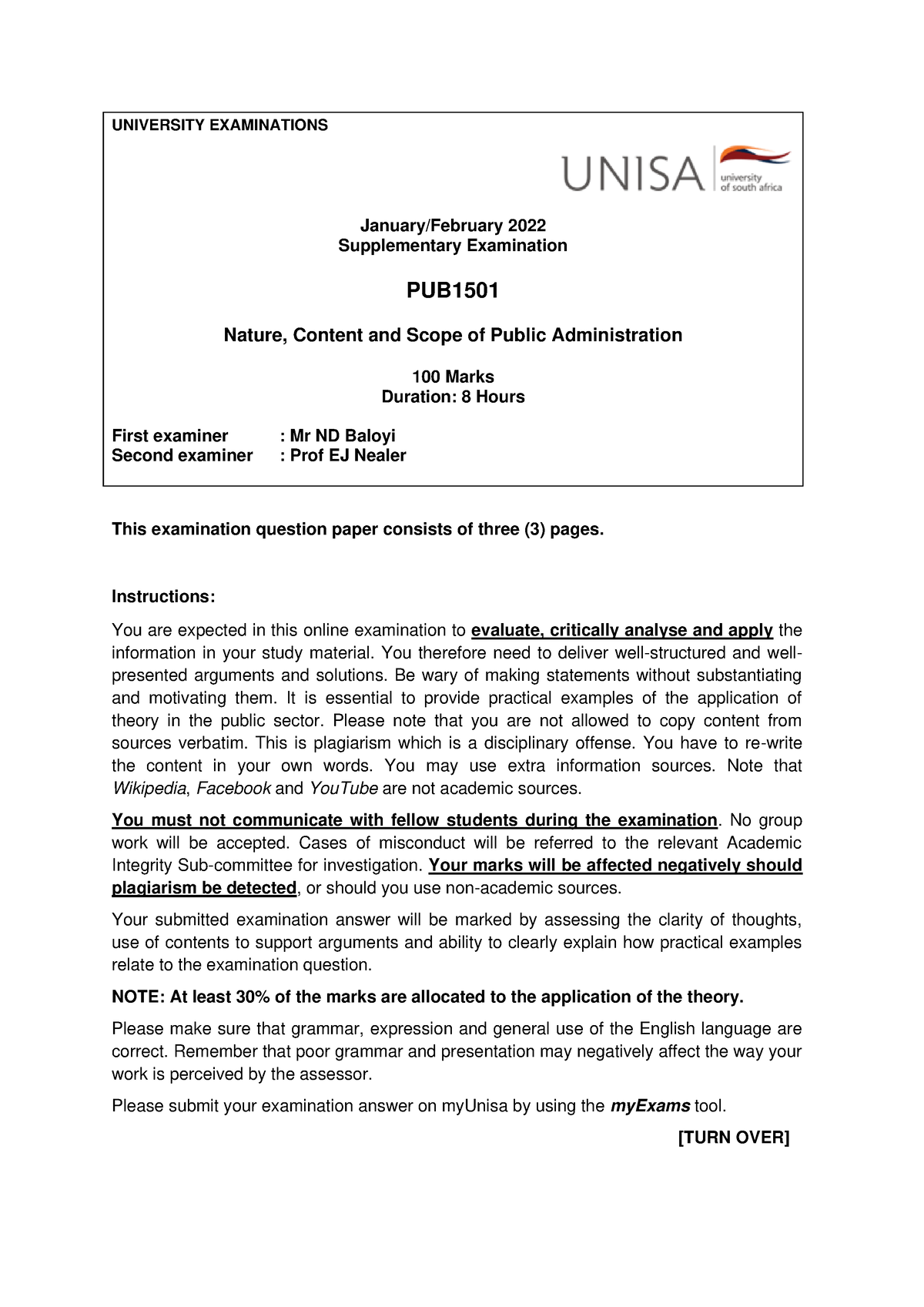 PUB1501 EQP 2022 Janfeb Supplementary - UNIVERSITY EXAMINATIONS January ...