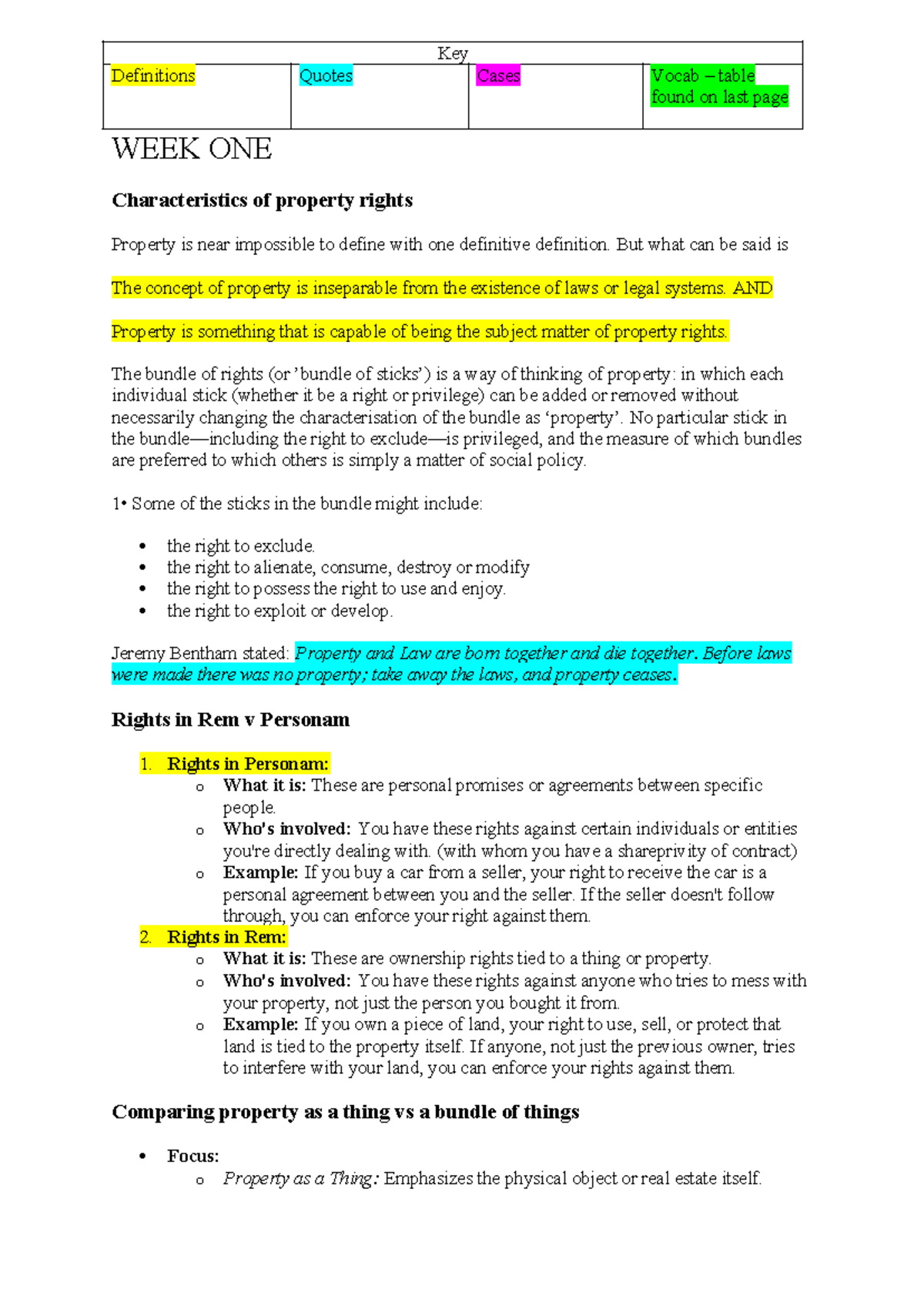 Property law week 1 - Still in the process - WEEK ONE Characteristics ...