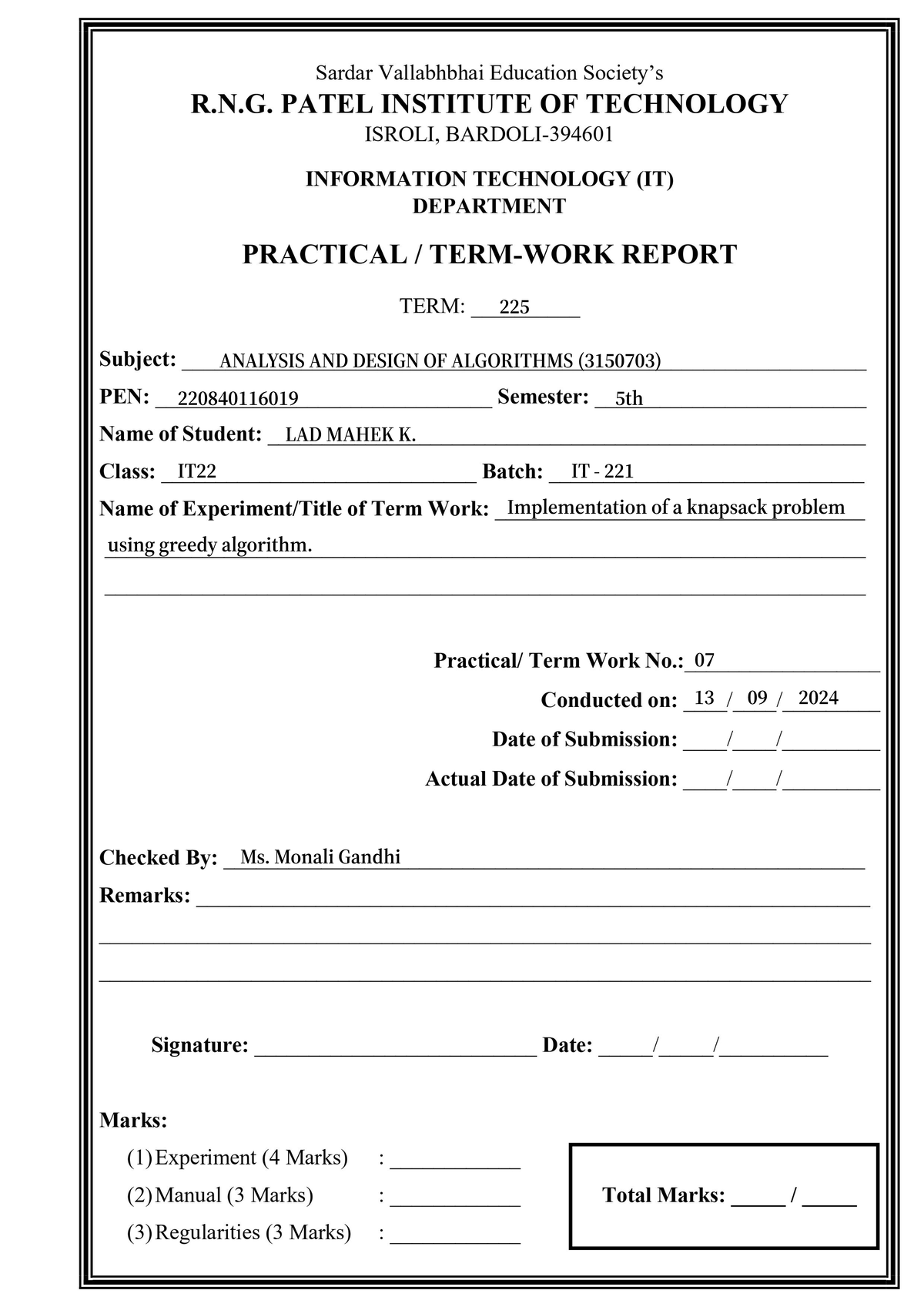 Frame 7 - term work. - Information Technology - ANALYSIS AND DESIGN OF ...