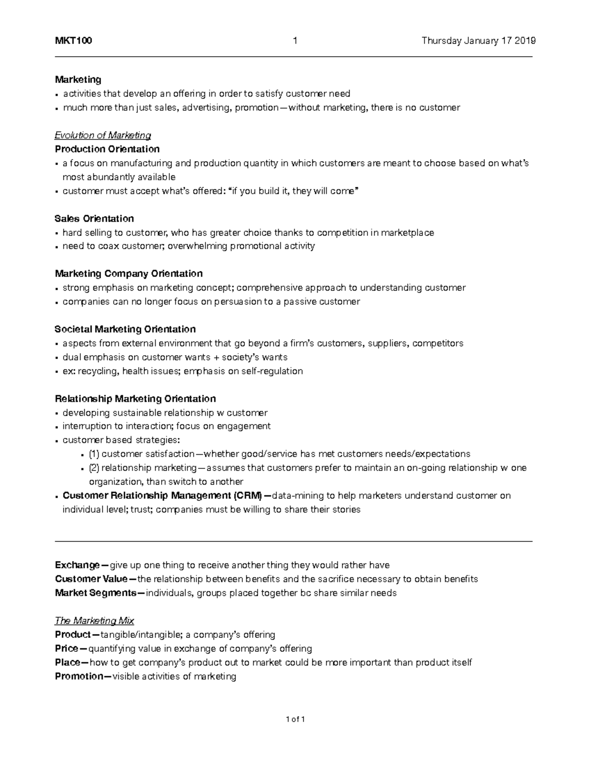 MKT100 - Ch 1 Notes - MKT100 1 Thursday January 17 2019 Marketing ...