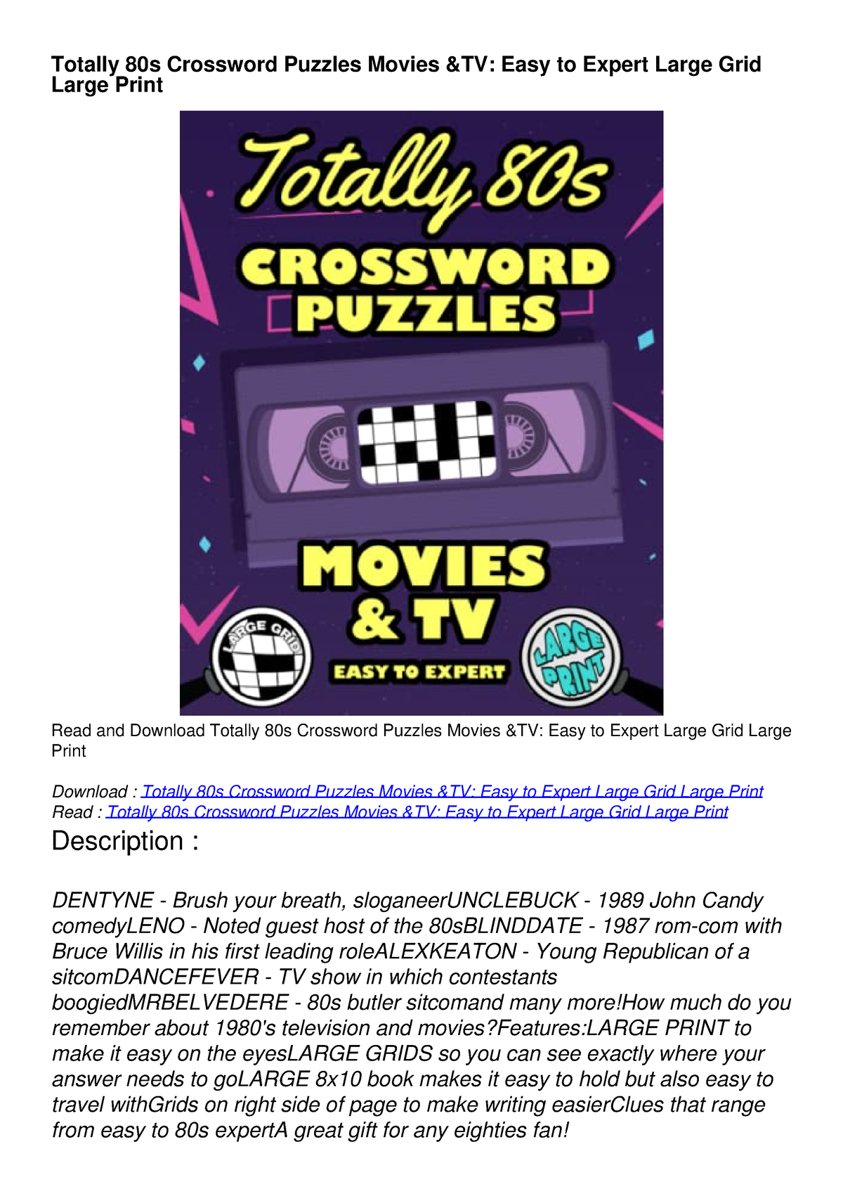 READ Totally 80s Crossword Puzzles Movies TV: Easy to Expert Large Grid