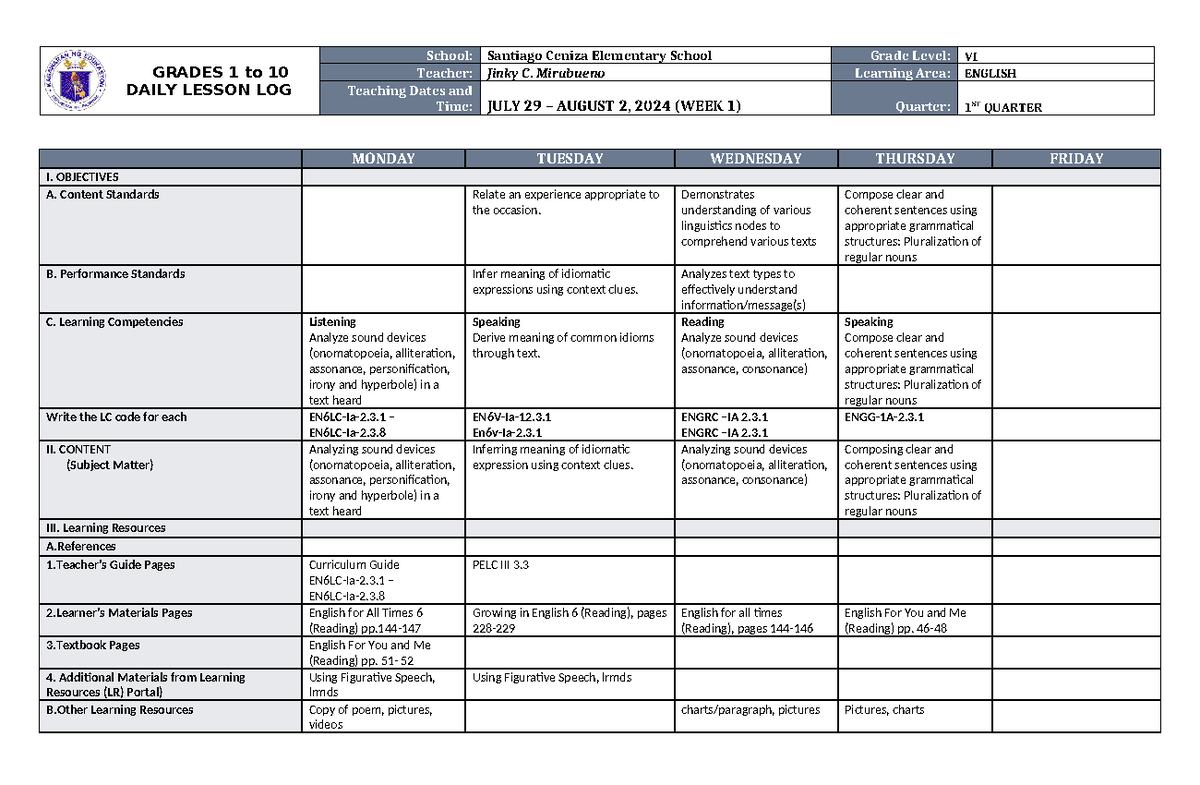 DLL English 6 Q1 W1 - Daily Lesson Log - GRADES 1 to 10 DAILY LESSON ...