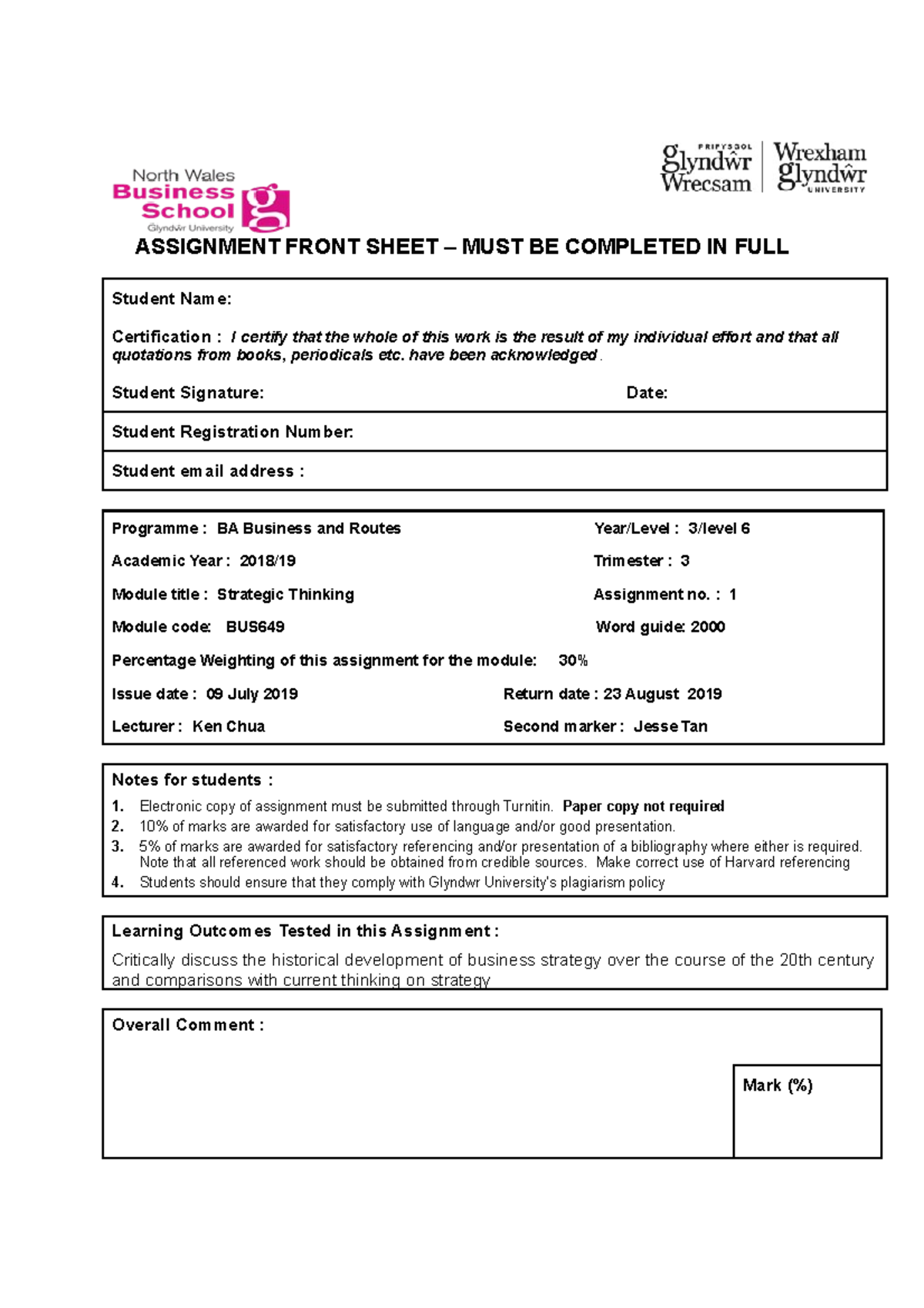 Exam 9 July 2019, questions - ASSIGNMENT FRONT SHEET MUST BE COMPLETED ...