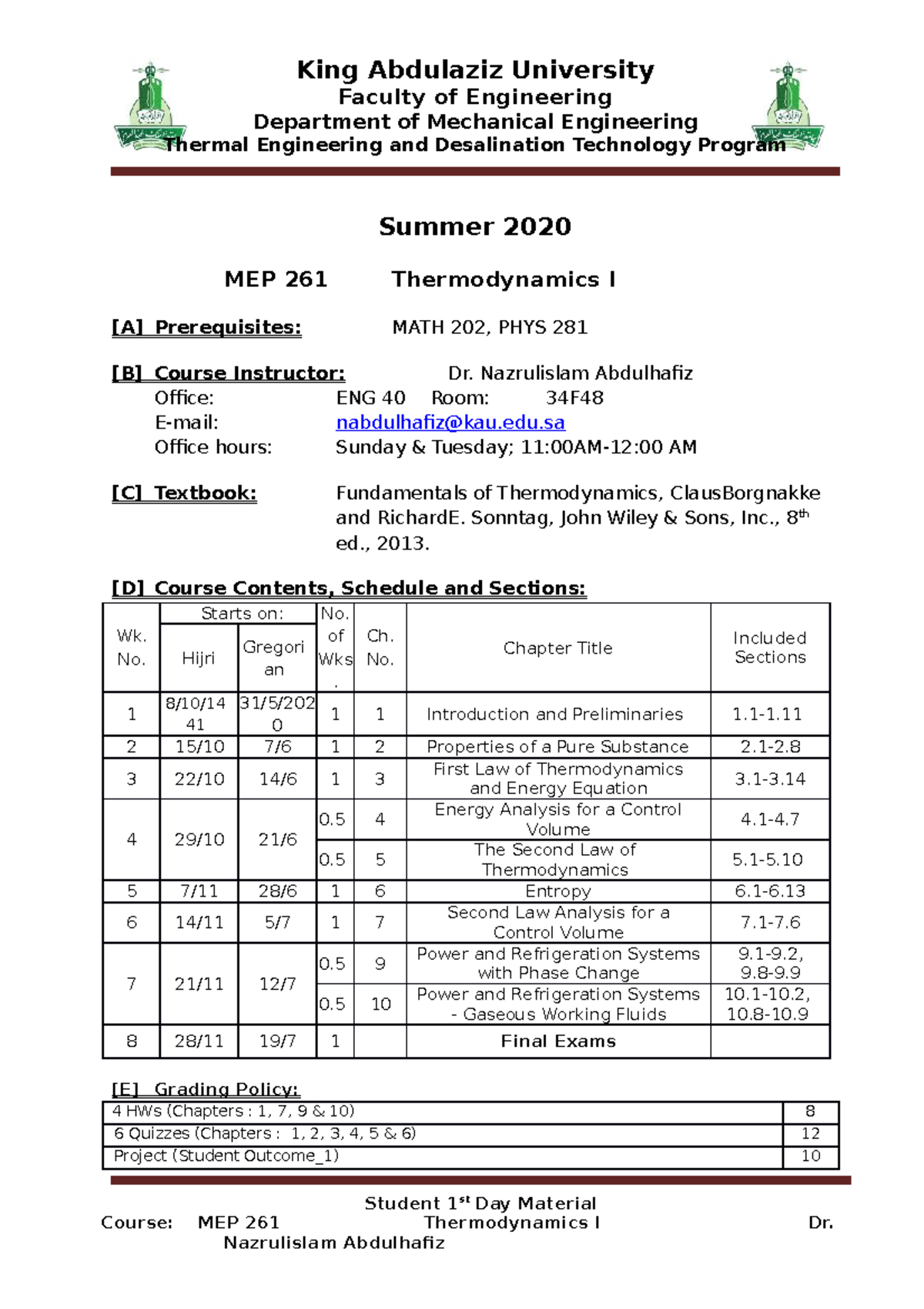 Summer 2020 MEP-261 Syllabus - King Abdulaziz University Faculty of ...