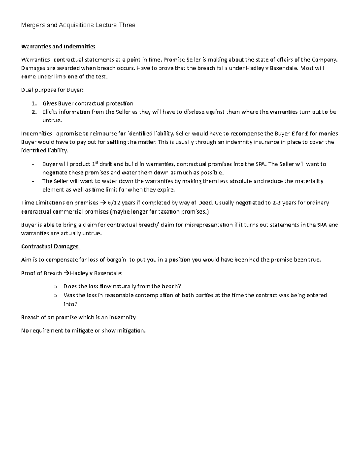 Lecture Three Mergers and Acquisitions Lecture Three Warranties and