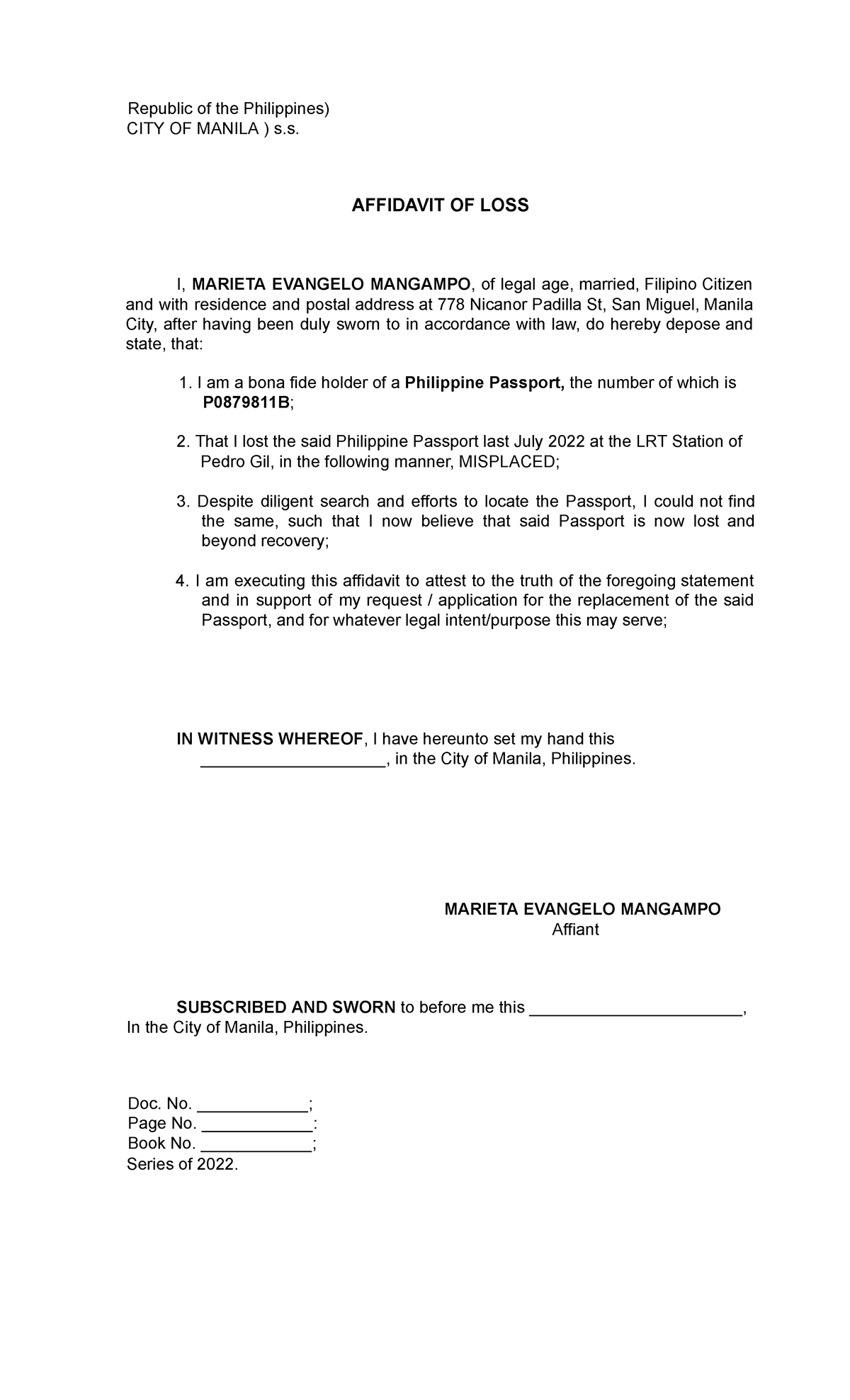 Affidavit Of Loss Passport Marieta Mangampo Republic Of The Philippines City Of Manila 0742